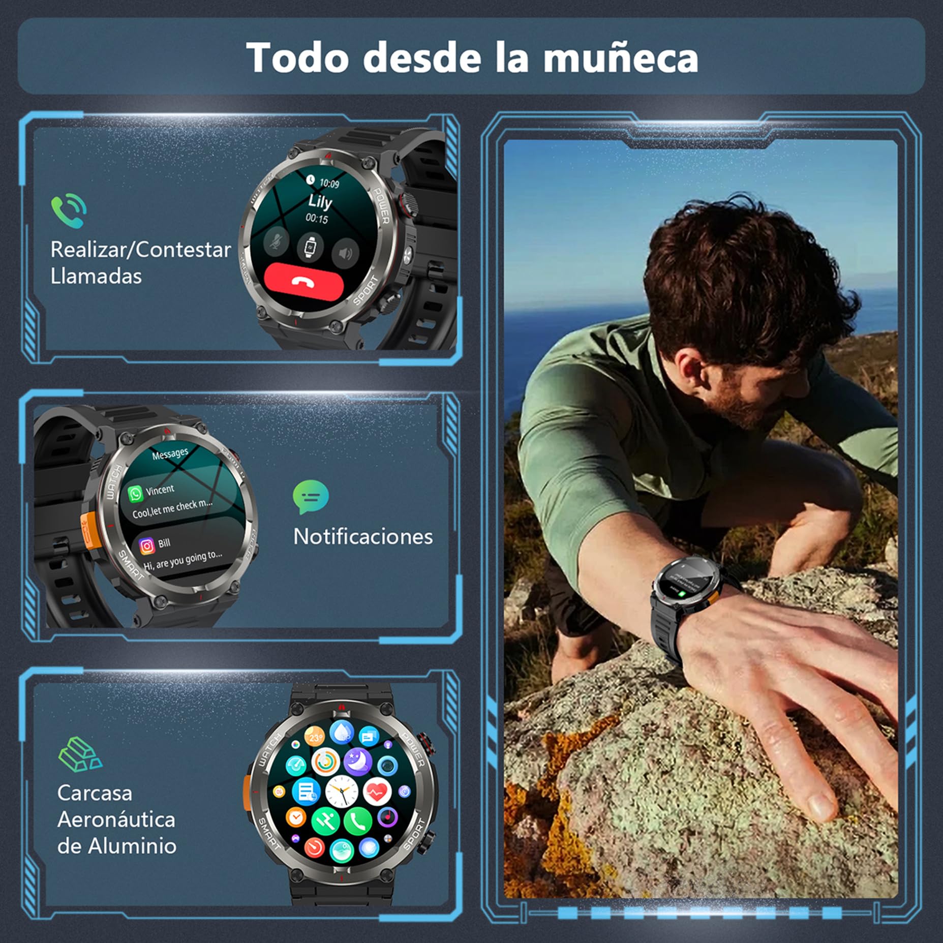Reloj Inteligente Hombre, 1.45" Smartwatch Hombre con Linterna y Brújula, Smartwatch con Llamadas Bluetooth, 120+ Modos Deportivos, 2 Correas, Podómetro, Pulsera Actividad Impermeable IP68