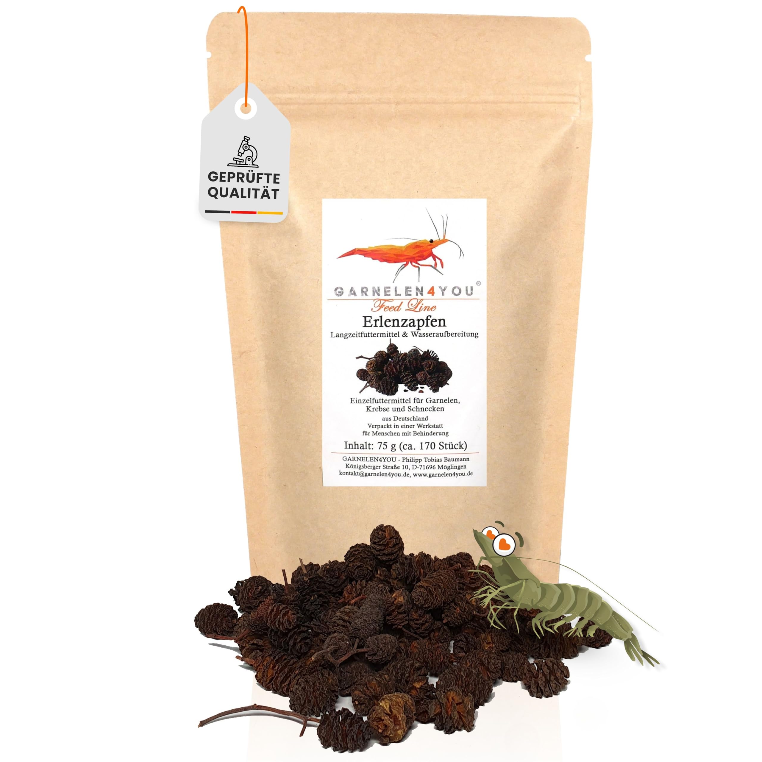 GARNELEN4YOU® Erlenzapfen – natürliche Wasseraufbereitung & Langzeitfuttermittel – Alder Cones für Garnelen, Krebse, Schnecken & Fische – Made in Germany - (75 g - ca. 175 Stück)