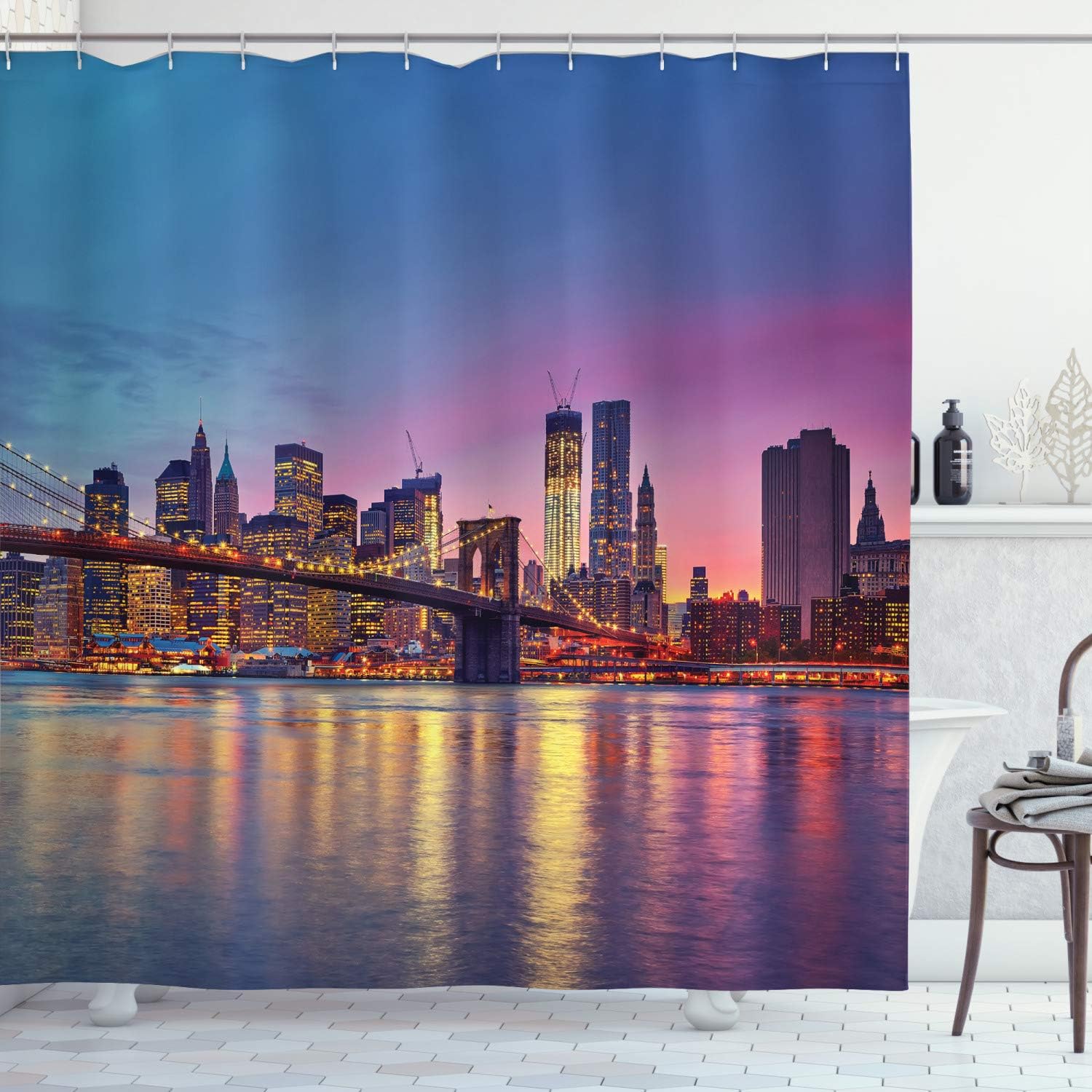 Ambesonne NYC Shower Curtain, Manhattan New York City Fascinating View of Skyscrapers with Theme Vivid Dusk Photo, Cloth Fabric Bathroom Decor Set with Hooks, 69" W x 70" L, Multicolor