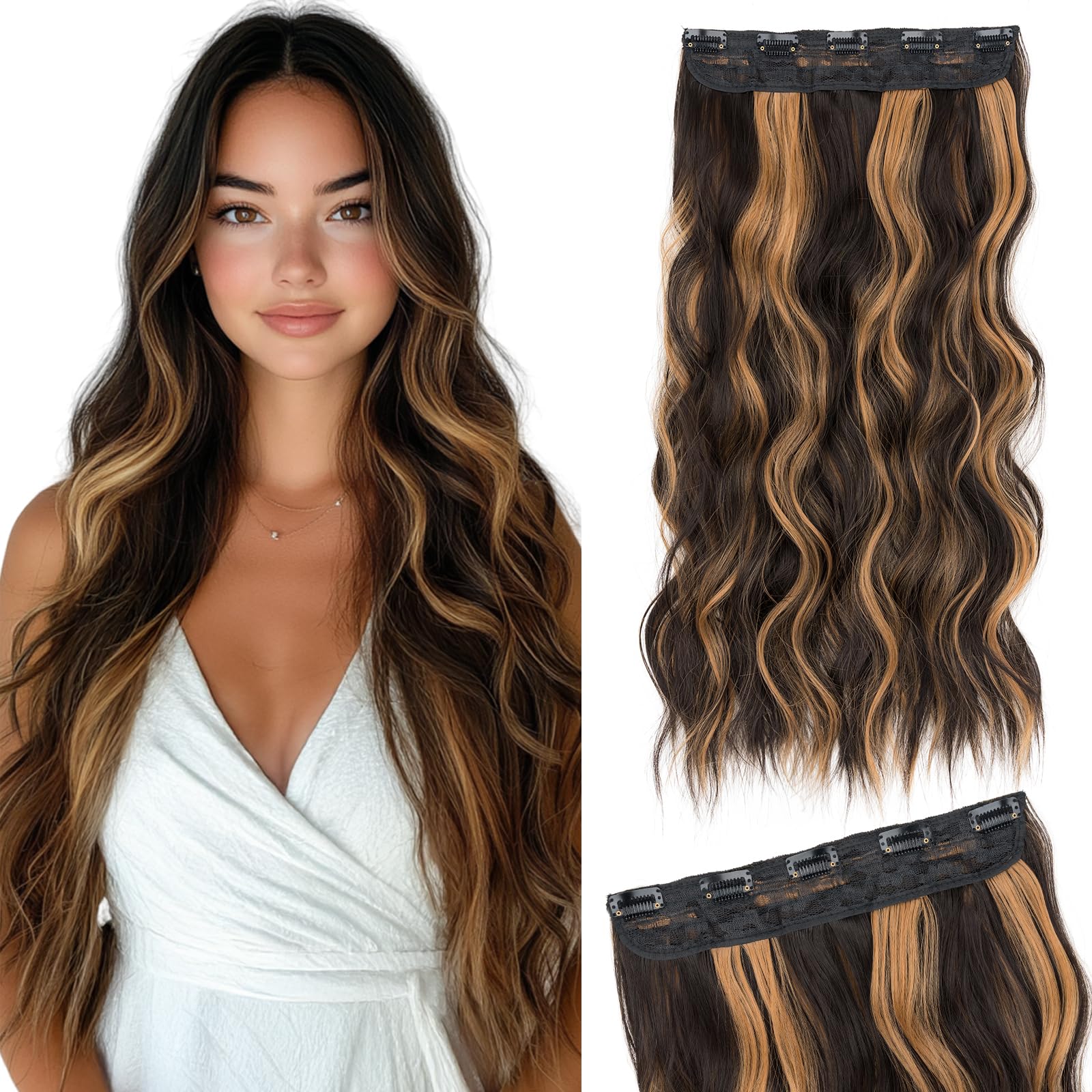 Silk-co One Piece Clip In Hair Extensions Curly 150g Hair Extensions Clip in Hairpieces 5 Clips Wavy Curly Synthetic 3/4 Half Full Head for Laides and Women 20 Inch(50 cm) Light Brown mix Golden Brown