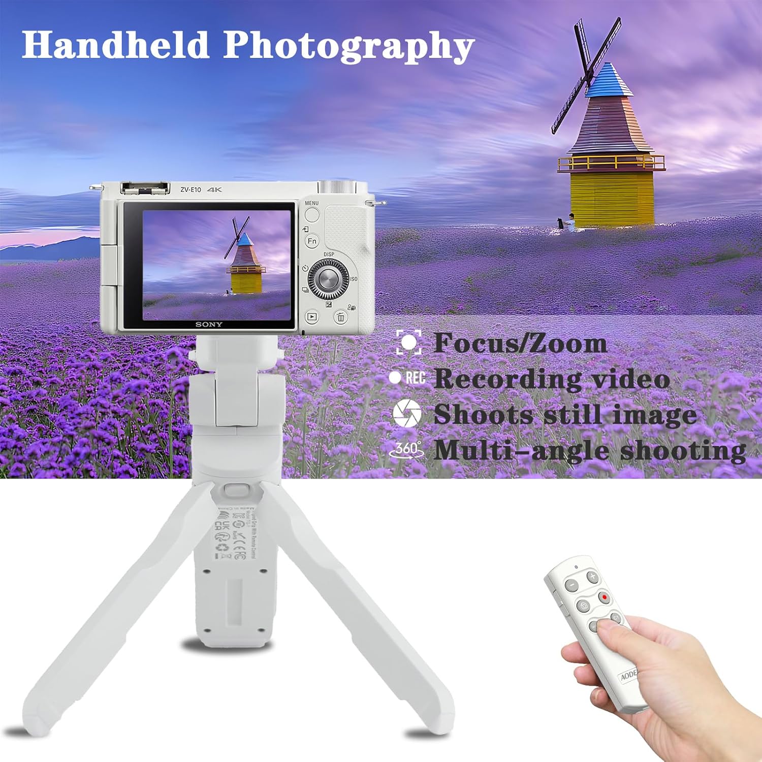 A Sony camera mounted on the AODELAN Shooting Grip in handheld mode, with a remote control shown separately.