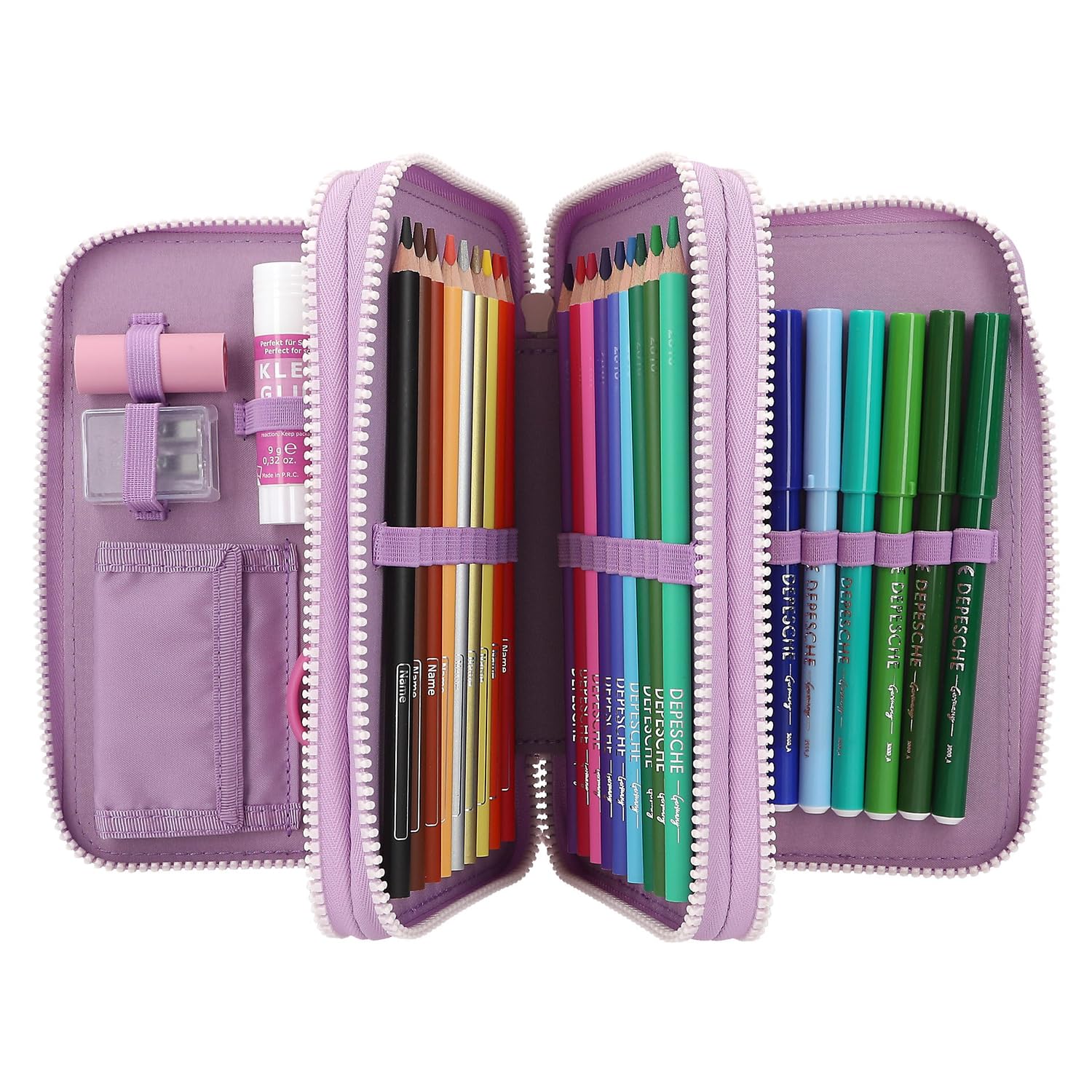 Depesche 12843 TOPModel - Astuccio a 3 Scomparti in Viola, con Motivi LED e Cani, con matite Colorate, Righello, Forbici e Molto Altro.