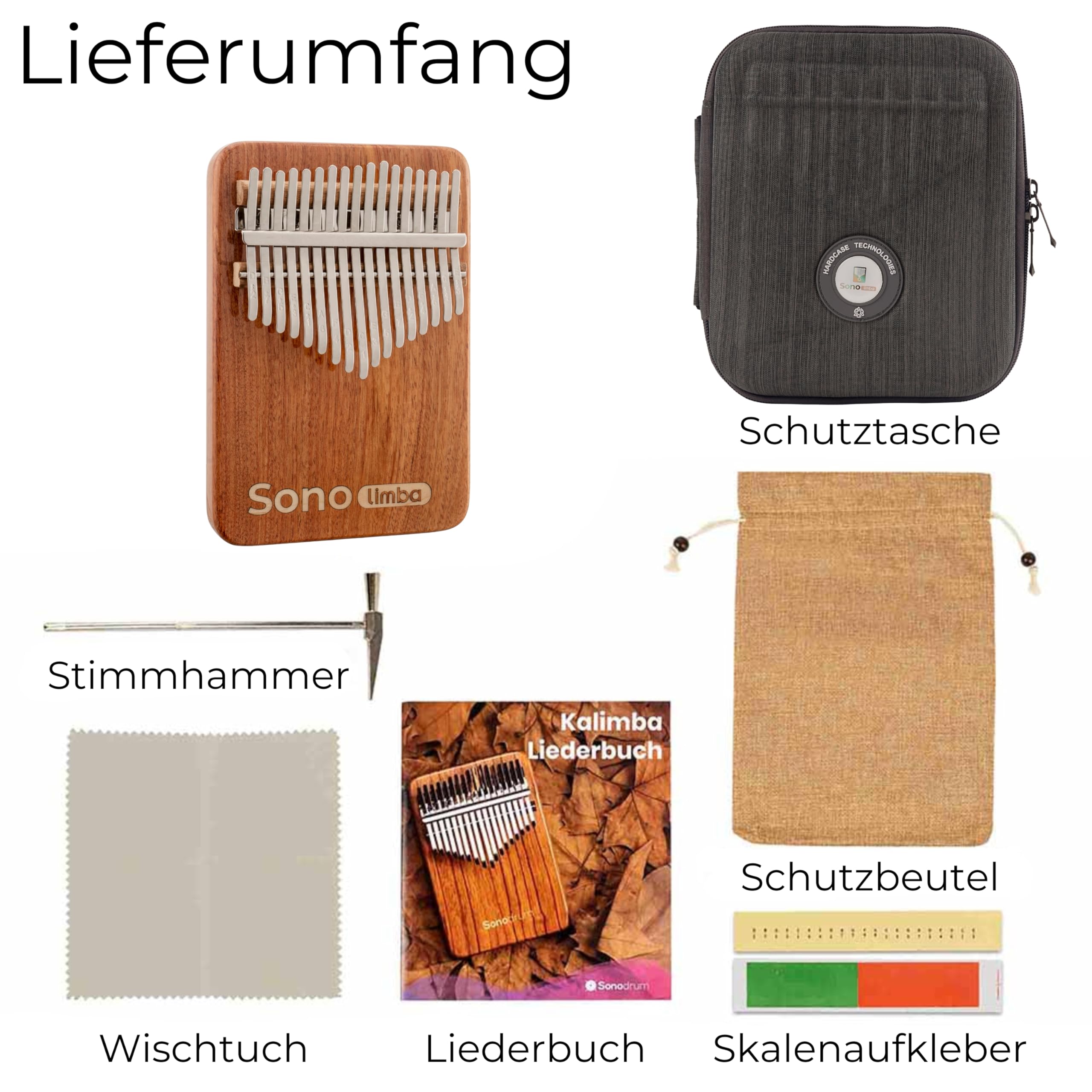 Kalimba "Sonolimba" mit 17 Schlüsseln in C - Dur aus Korallenholz. Daumenklavier inkl. Set mit Liederbuch, Schutztasche, Stimmhammer und weiteres. Kalimba Instrument für Kinder und Erwachsene
