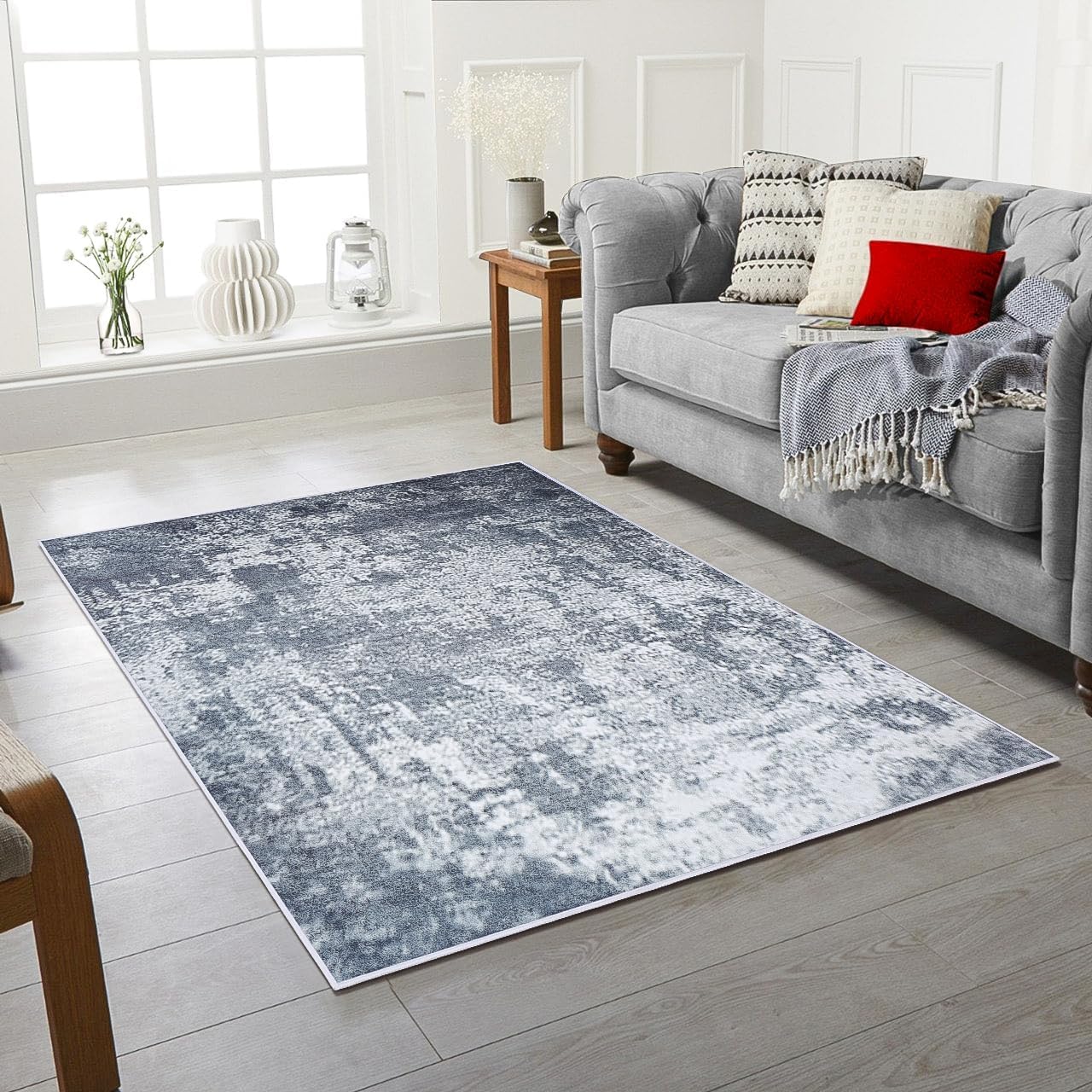 Washable Modern Area Rug for Living Room, Bedroom, Home Décor - Black Grey Charcoal Abstract Design, Non-Slip, Soft Short Pile Carpet - 200 x 290 cm