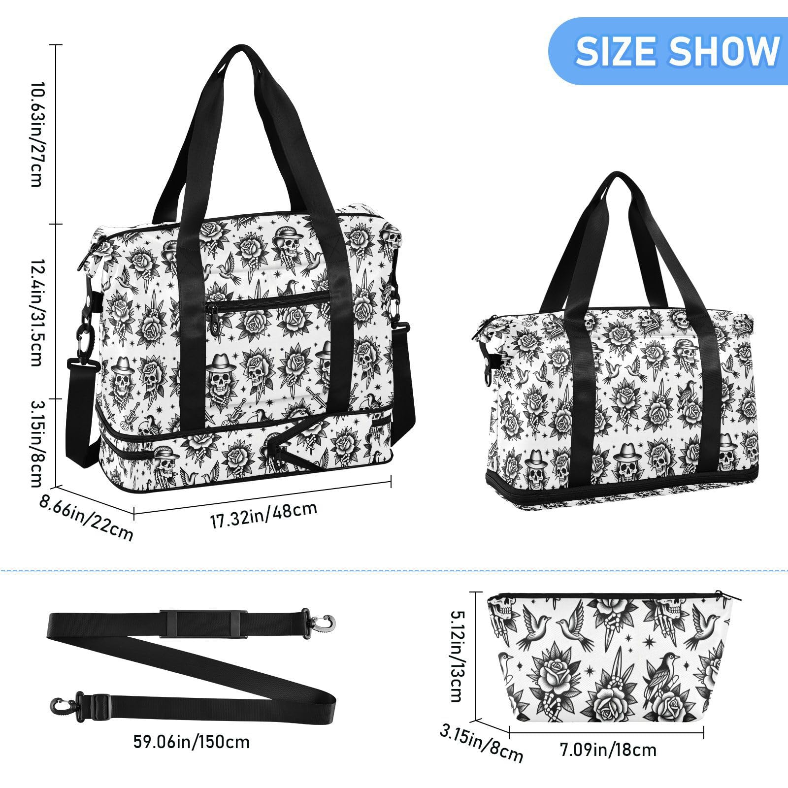 Vintage Old School Skull Rose Tattoo Carry On Shoulder Weekend Tote z mokrą kieszenią Regulowany pasek Torba na siłownię do treningu Duża pojemność dla mężczyzn kobiet