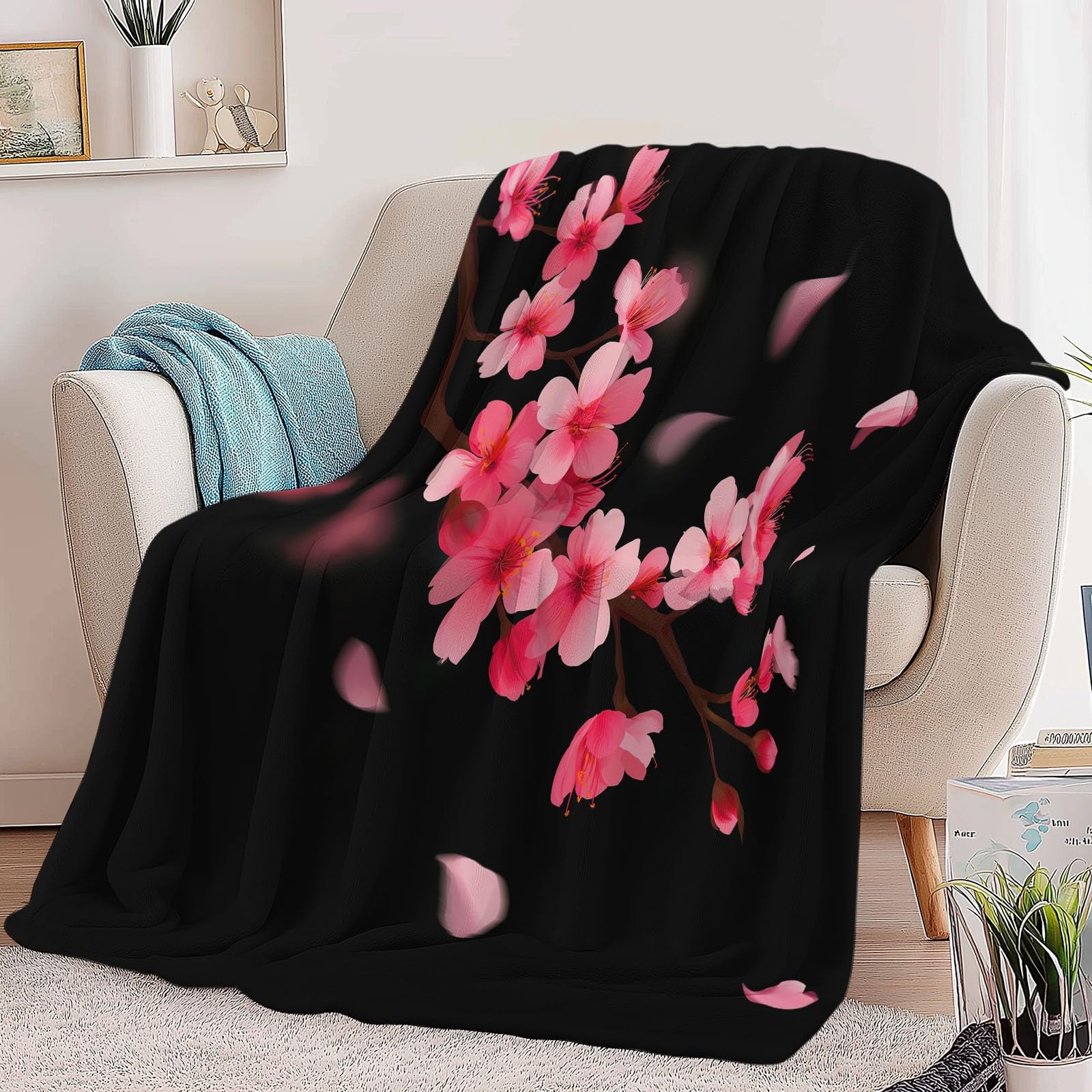 Ciepły flanelowy koc sherpa z minimalistycznymi kwiatami, kwiaty wiśni, gałęzie, 221 x 239 cm, miękki, przytulny, czarny, pluszowy, flanelowy, polarowy, 220 x 240 cm, dla dziewcząt, dzieci, dorosłych