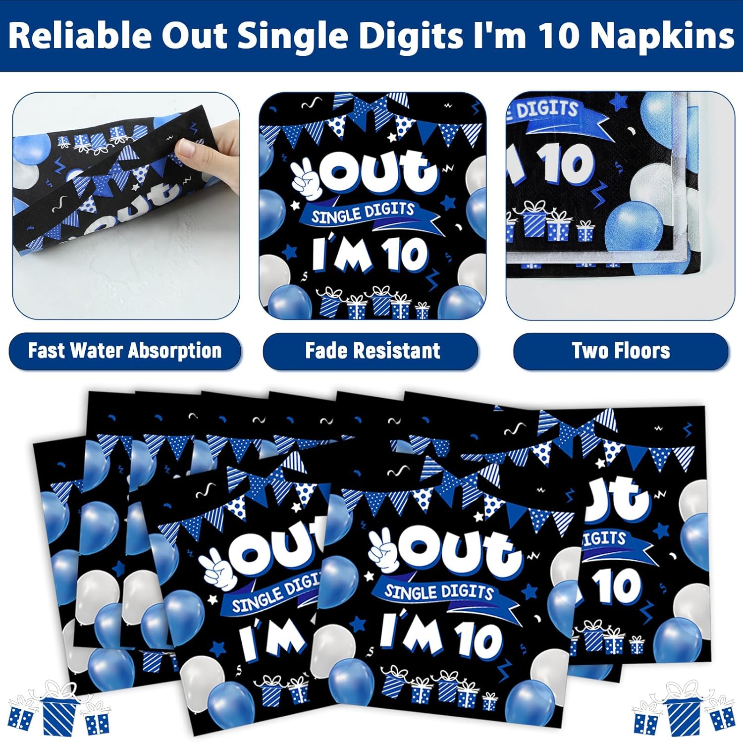 96pcs 10th Birthday Party Plates and Napkins, Blue and Black 10th Birthday Decorations for Boys Girl Double Digits 10 Birthday Party Dessert Plates, Happy 10 Years Old Tableware Decor, Serves 24