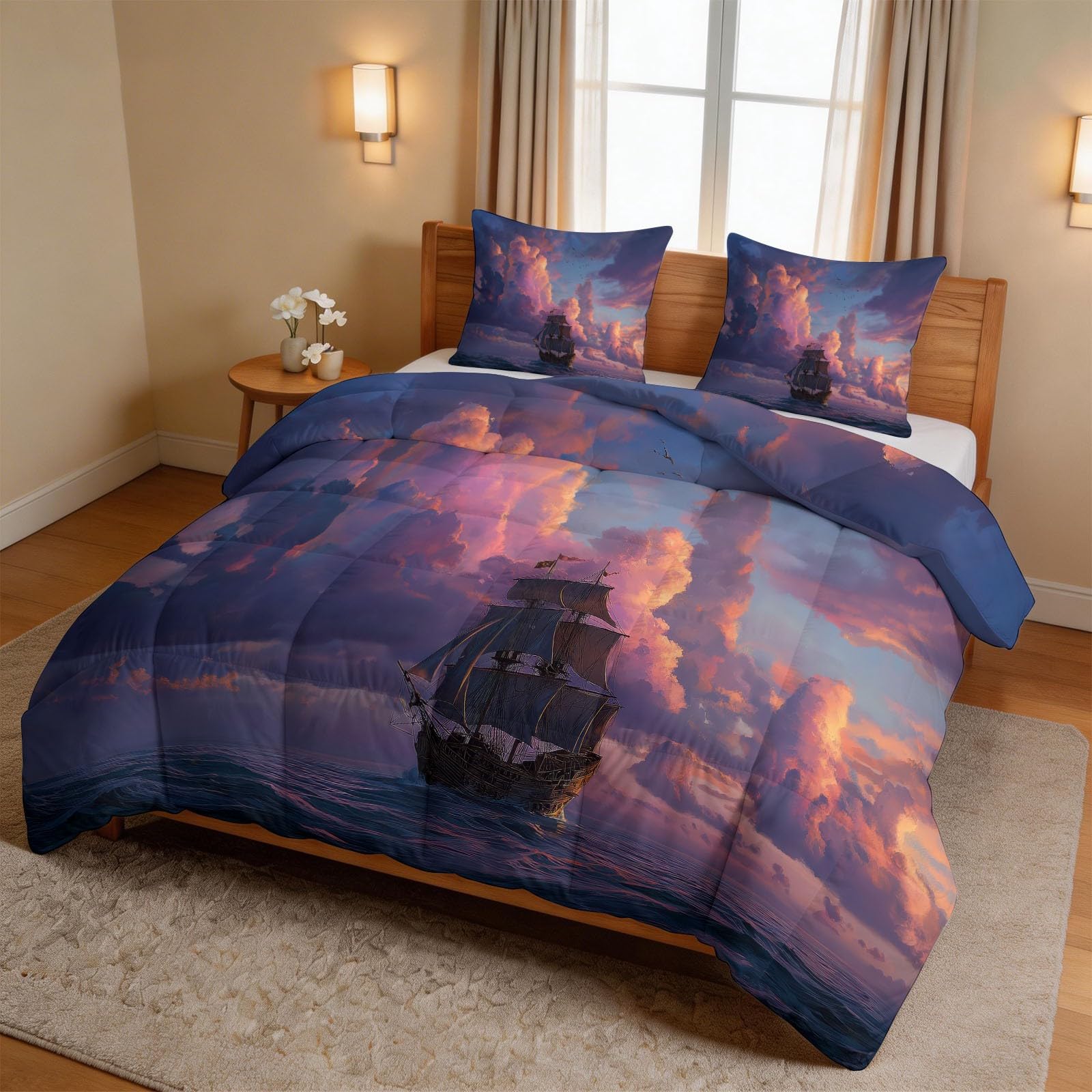 Kołdra Anime Fantastyczna 240 x 220 cm, na 4 pory roku, romantyczna, żaglówka, zachód słońca, chmury, dwustronna, miękka, całoroczna kołdra bez poszewki, dla dzieci, młodzieży, nadaje się do prania