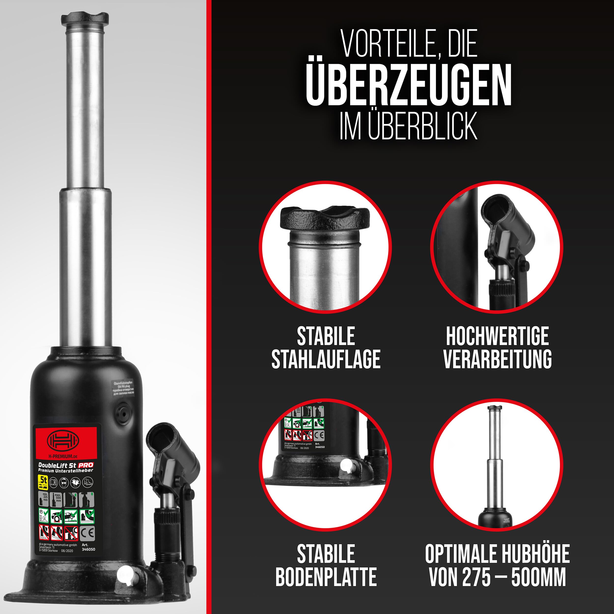 HEYNER® Hydraulischer Unterstellheber 2-stufig I DoubleLift 5t PRO I Stempelwagenheber aus Stahl I Hubhöhe 225–500 mm I Autoheber für SUV Transporter Wohnmobil I inkl. Tasche & Gummigriff