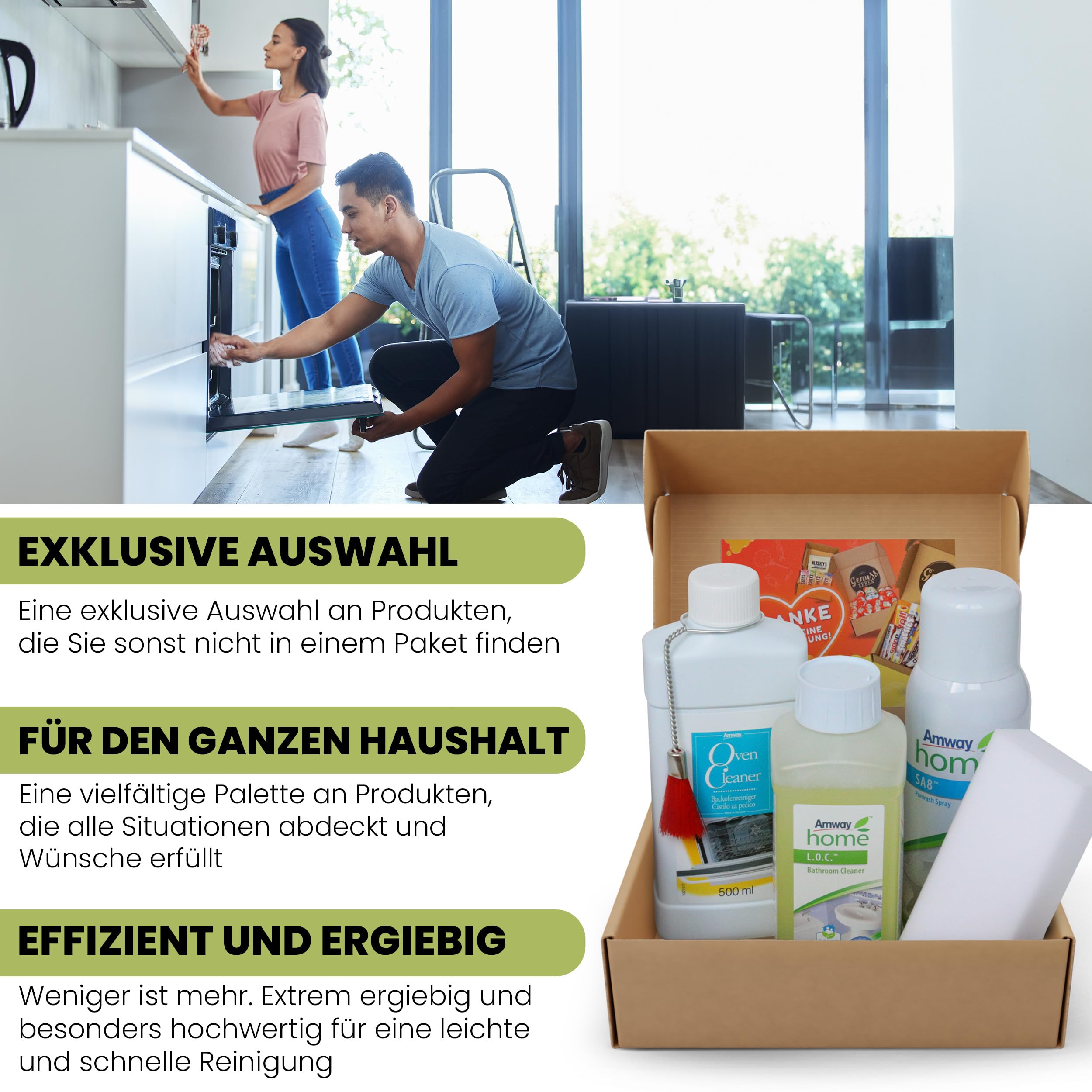 Genussleben Box mit Badreiniger 500ml, Backofenreiniger 500ml und Vorwaschspray 400ml