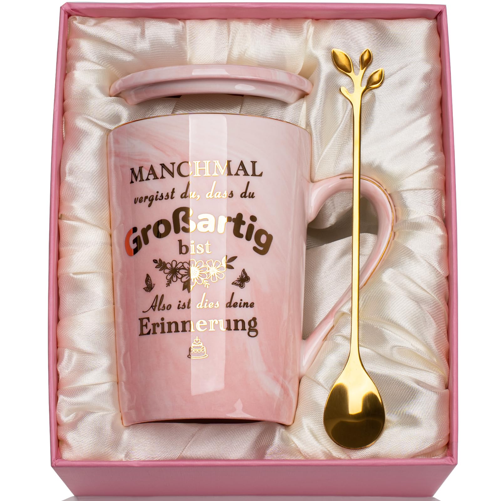 Marmor Keramik Kaffeetasse Tasse Geschenk, 400ml, Blätter Löffel, Geschenkbox, Grußkarte