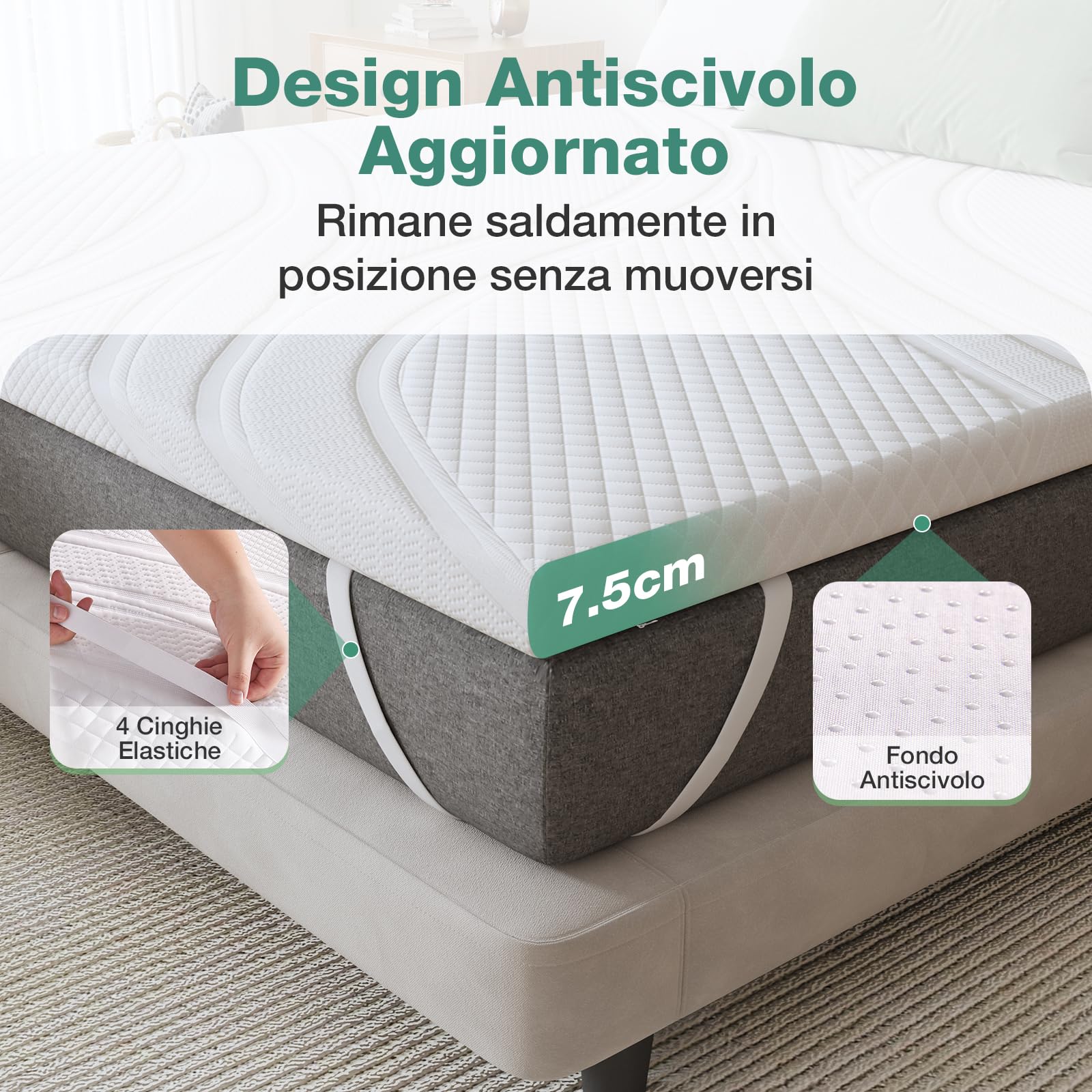 Novilla Topper 160x190, Topper Matrimoniale in Memory Foam e Schiuma di Supporto Comoda 7.5cm,Rivestimento Esterno Sfoderabile e Lavabile, Eccellente Fascia Elastica Antiscivolo
