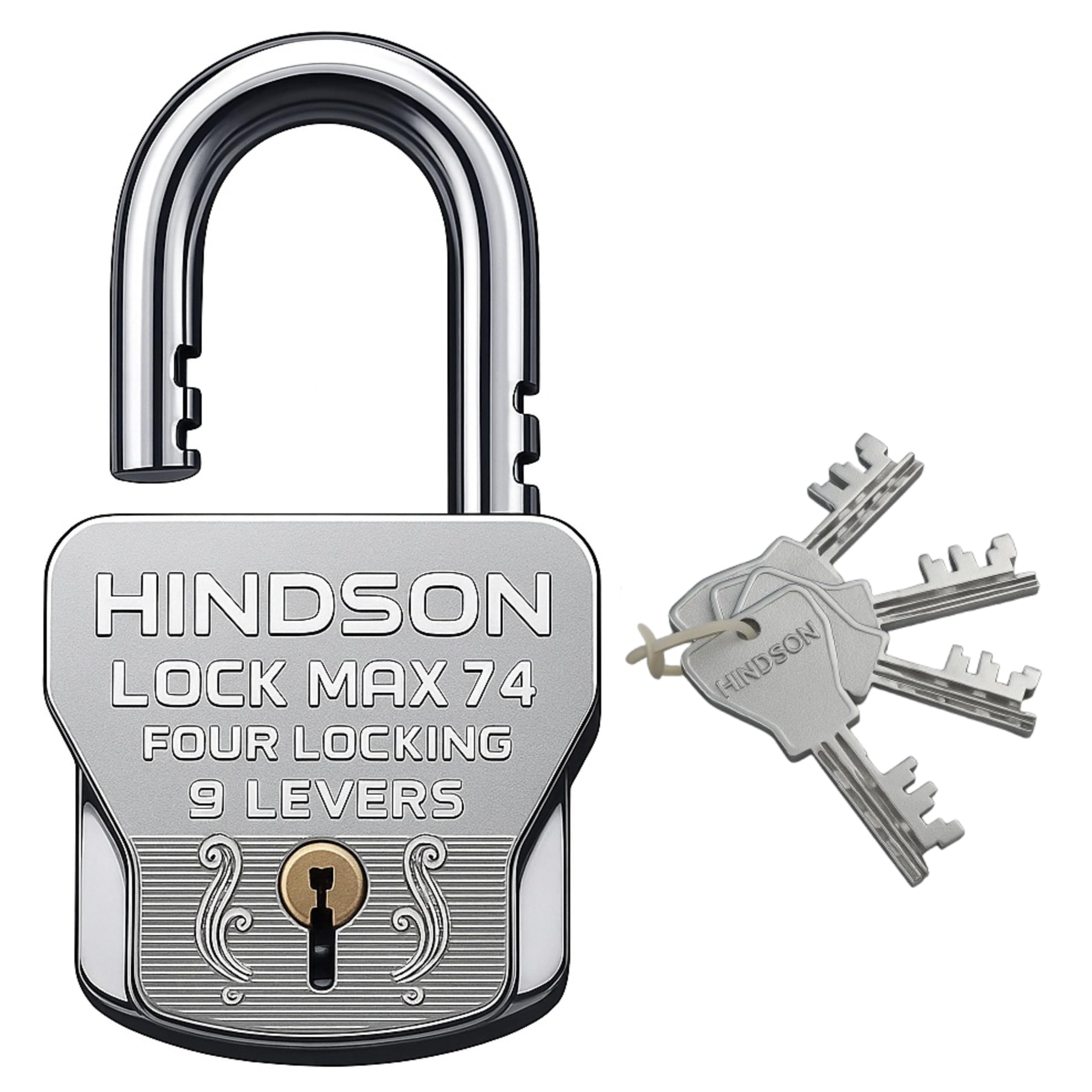 HINDSON 4 Locking Heavy Duty Padlock | Lock MAX 74 | 9 Lever Steel Lock & Key | Chrome Finish Big Size 610g Approx Padlock with 4 Keys for Home, Gate & Shutter Security