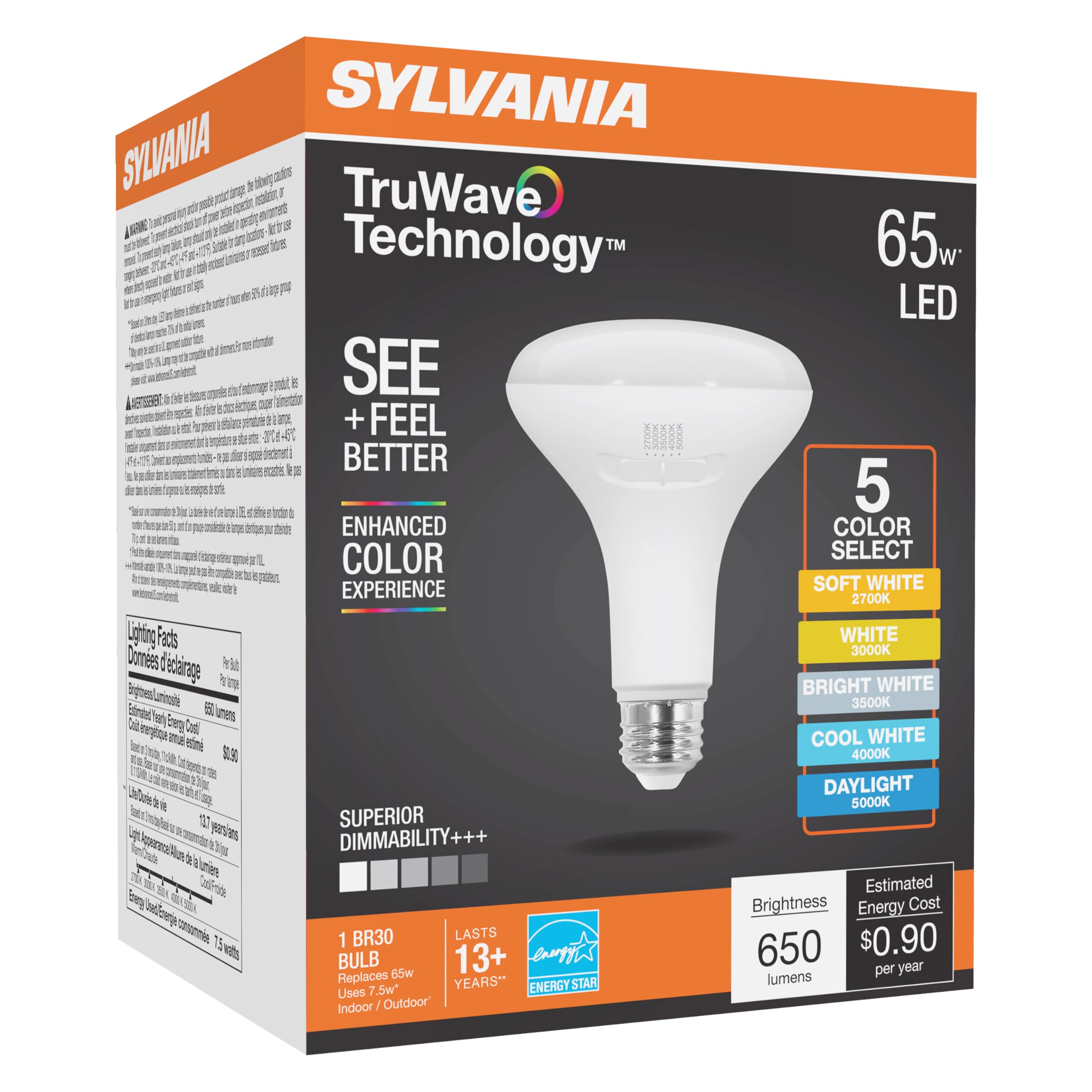 Sylvania TruWave BR30 LED Light Bulb, 7.5W = 65W, 5 CCT Select