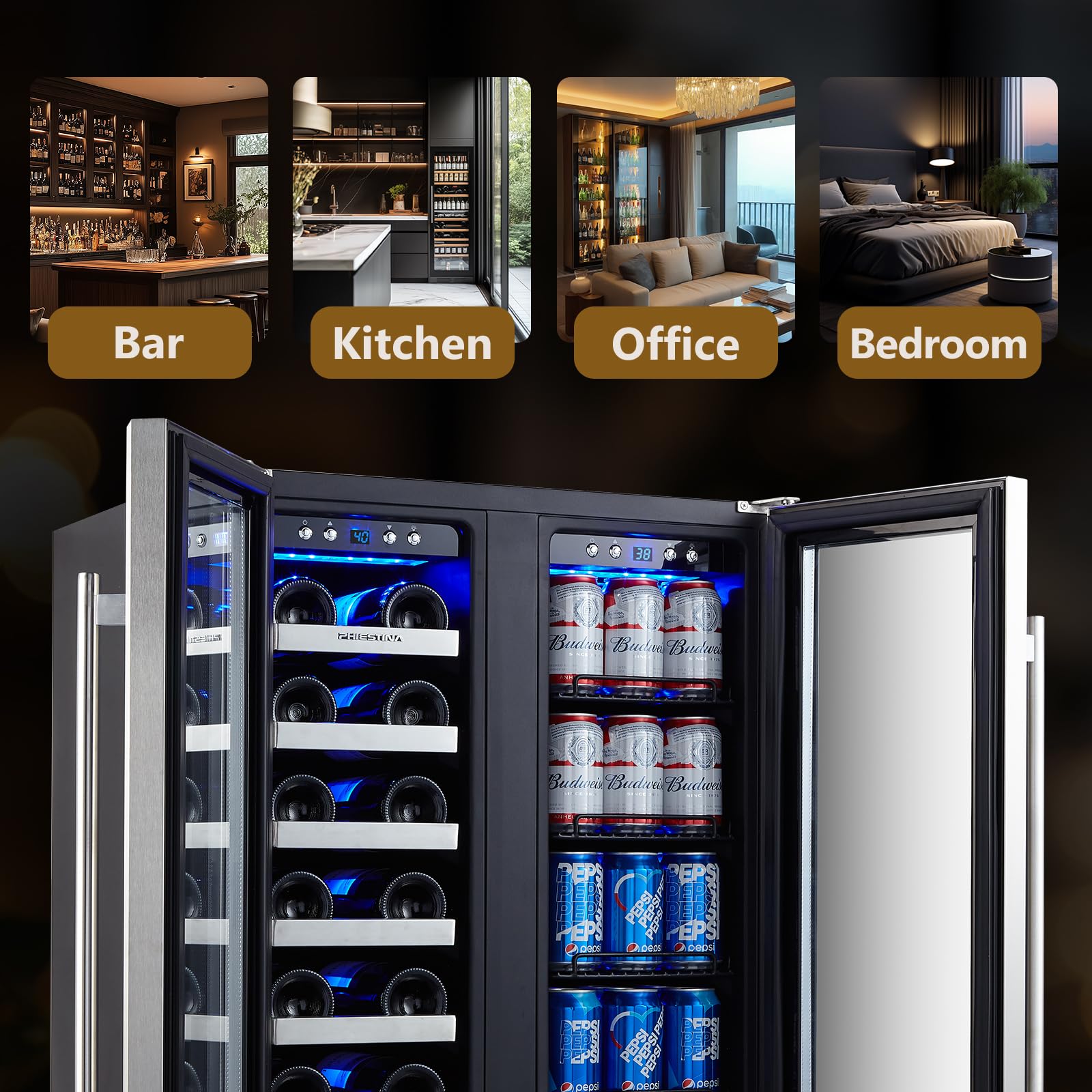 Phiestina Beverage Fridge, 24 Inch Wine And Beverage Refrigerator, Under Counter Wine Cooler- 20 Bottles & 76 Cans, Built-In/Freestanding Dual Zone With Glass Door on Fridge.com - View 6