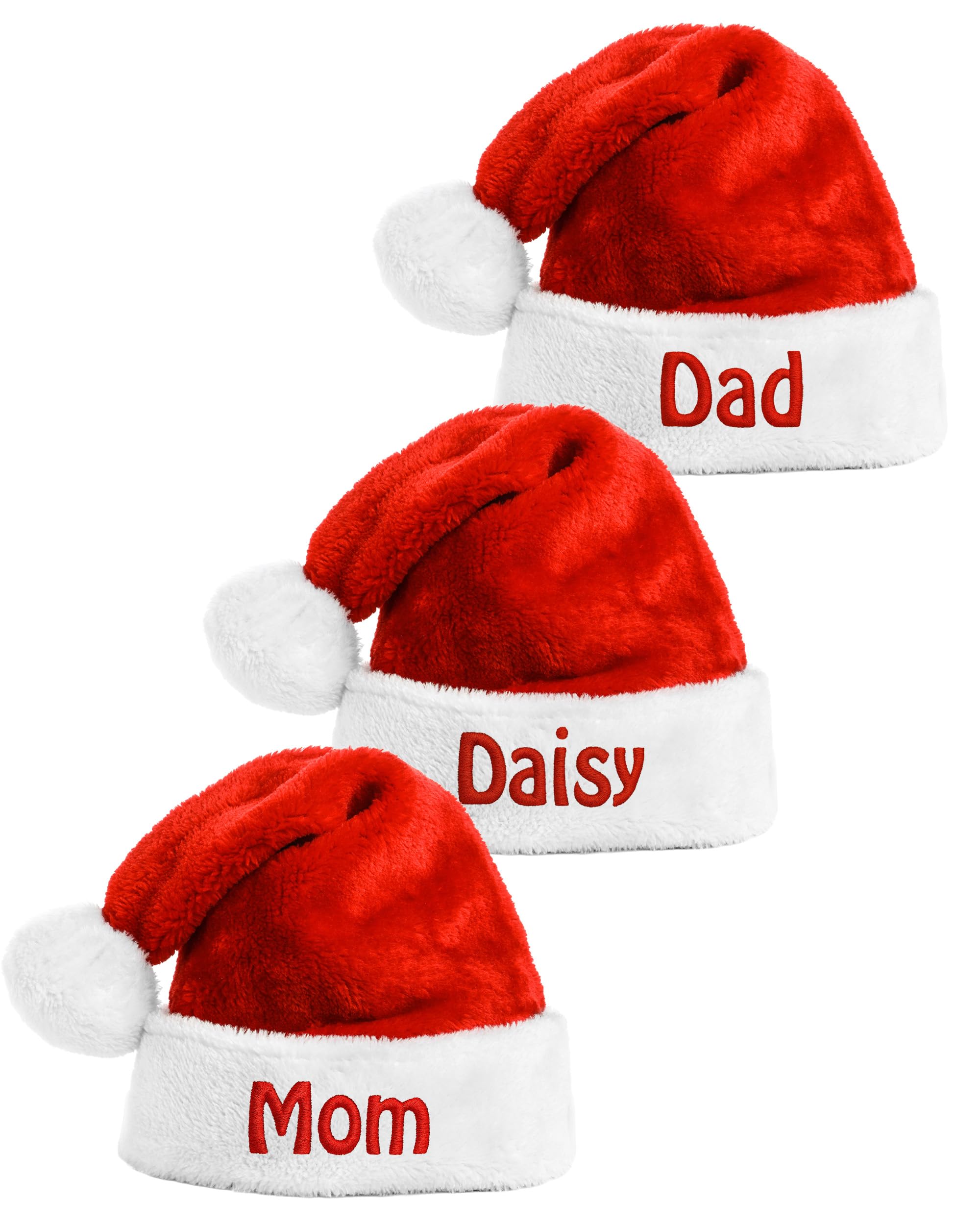 Merry Craft Works Custom Red Plush Santa Hat, with Name Embroidered - Personalized Fluffy Velvet Christmas Hats