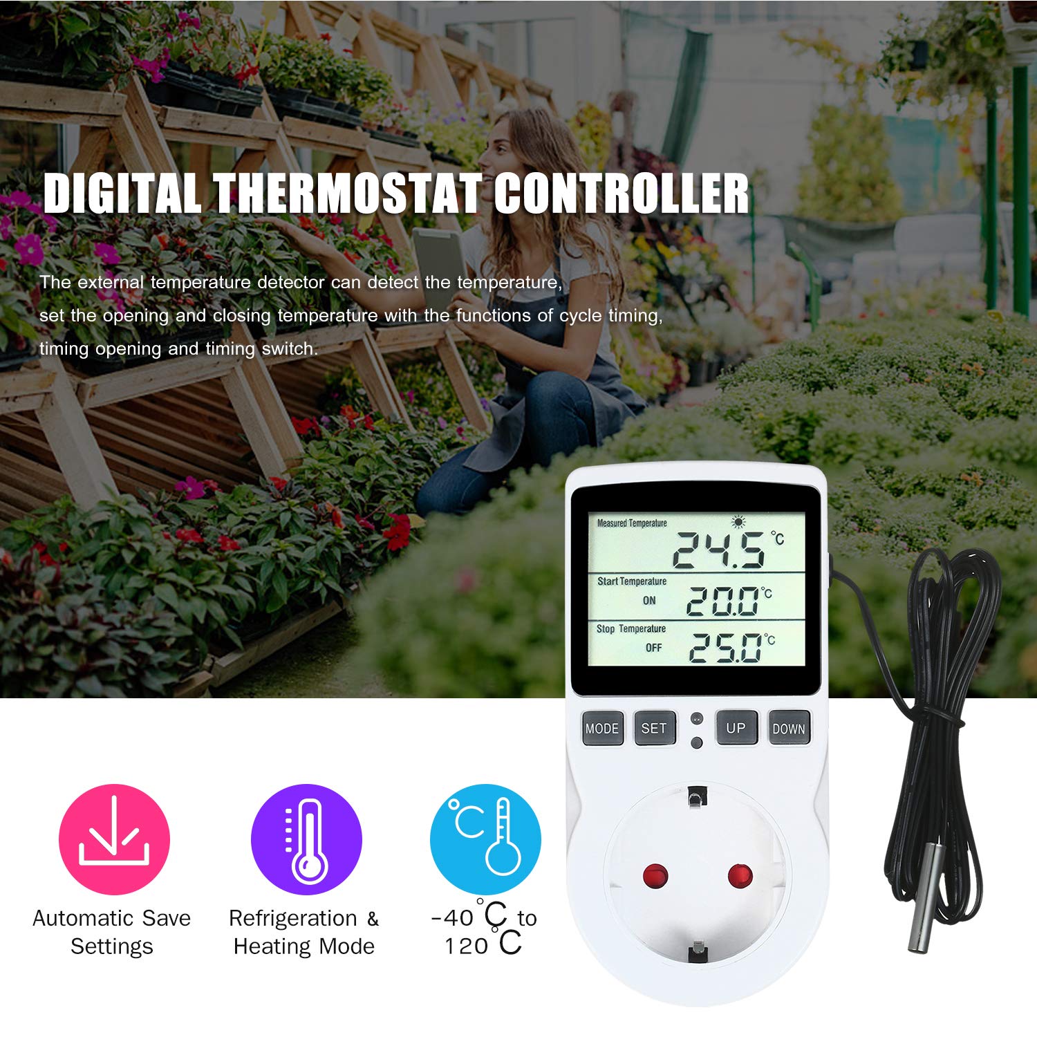 Reptilien Thermostat, Digitaler Thermostatregler mit Timer und Sonde für temperaturgesteuerte Steckdosen für Terrarium-Aquarium-Reptilien mit Treibhaussaatkeimung