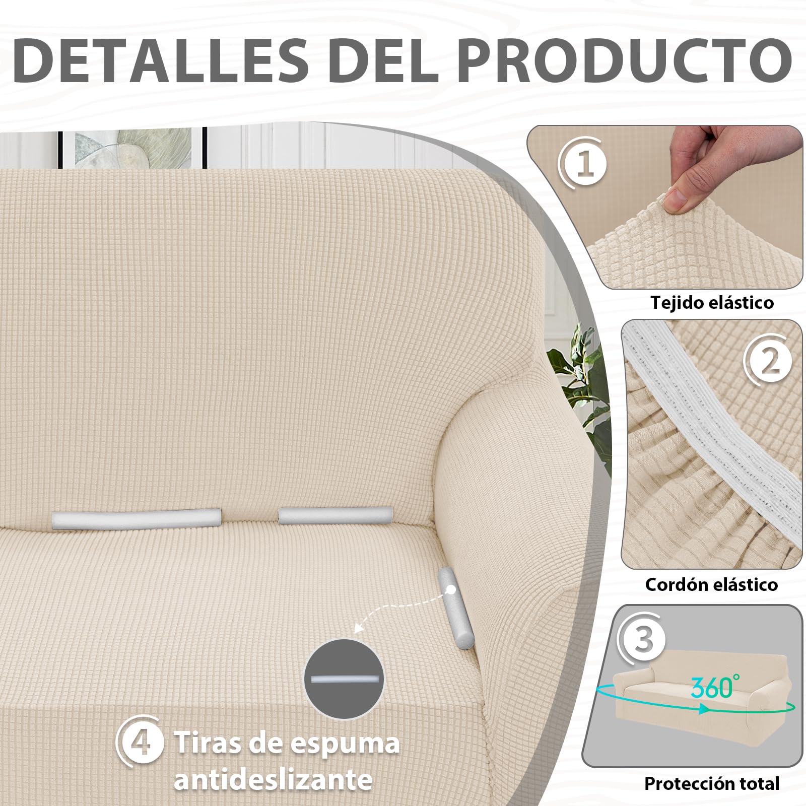 BellaHills Funda Sofa 3 Plazas, Fundas Ajustables,Fundas Sofa Elasticas,con Reposabrazos,Protector Sofa Gatos Arañazo y Perros Mascotas,Natural