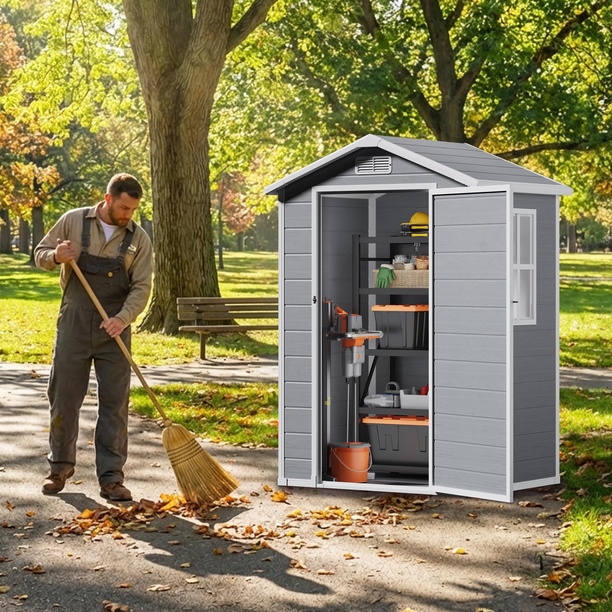 Casetta da Giardino in Resina 122x92x187 cm Capanno Porta Attrezzi con Finestra e Ventilazione Grigio