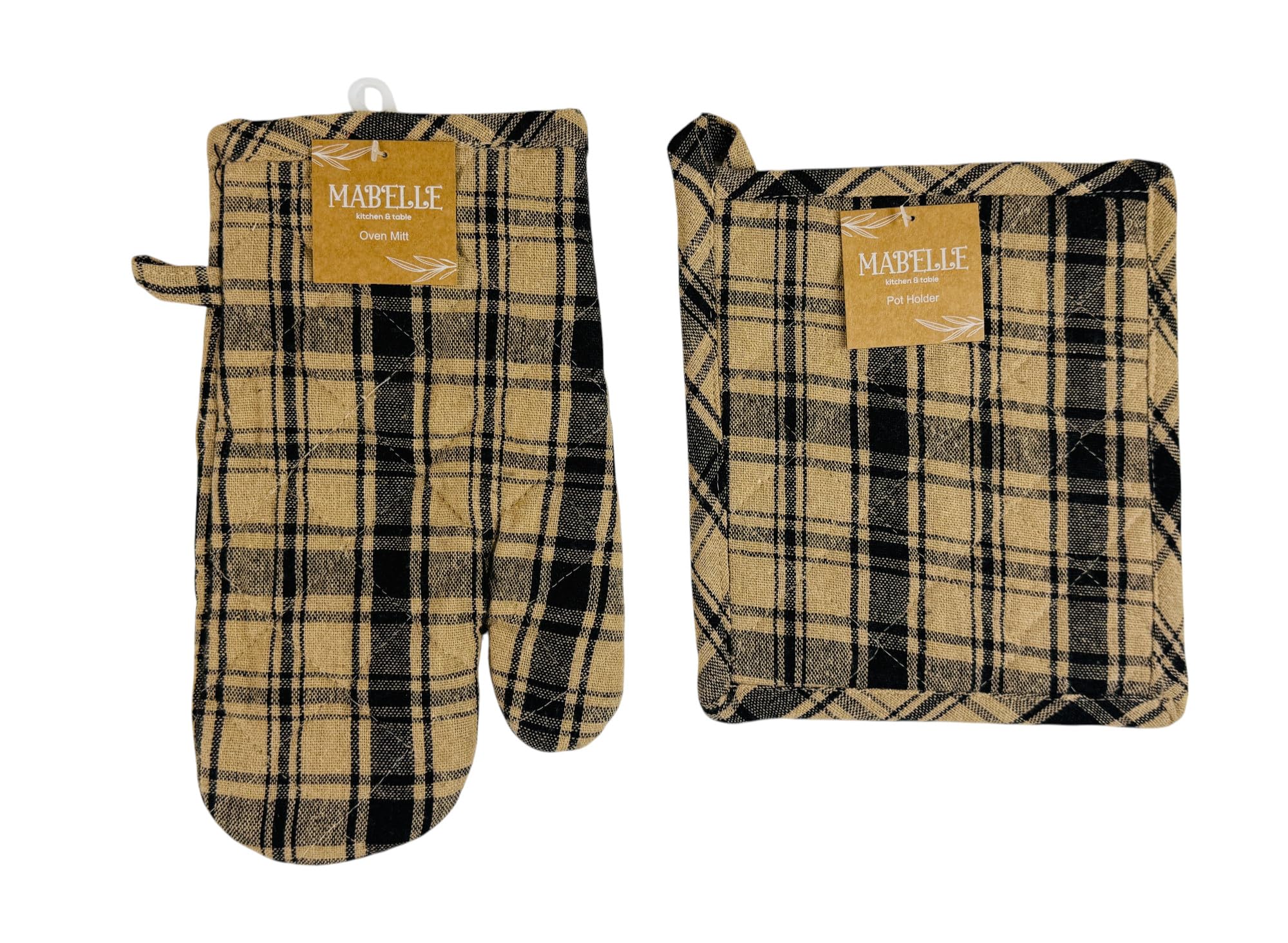 Decorative Kitchen Pot Holders Black Beige Ginham Large Checkered 2 pc Set: (1) Oven Mitt and One (1) Pot Holder