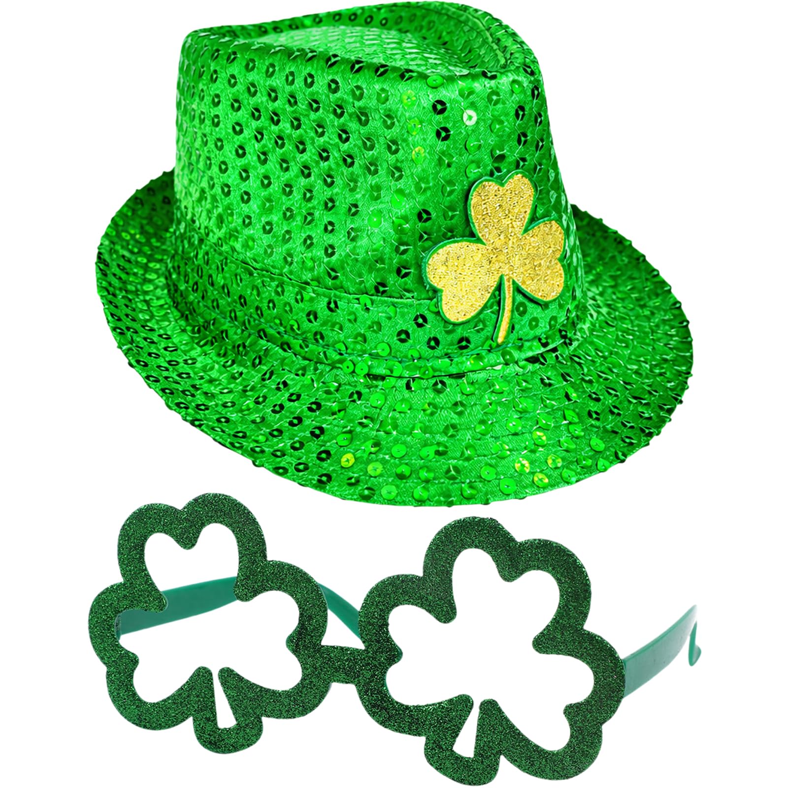 GWAWG St Patricks Day Hat with Shamrock Glasses, Green Irish Sequin Trilby Hat & St Patrick's Day Glasses Set, St Patricks Day Accessories for St Patrick's Day Fancy Dress & Party Costume Women Men