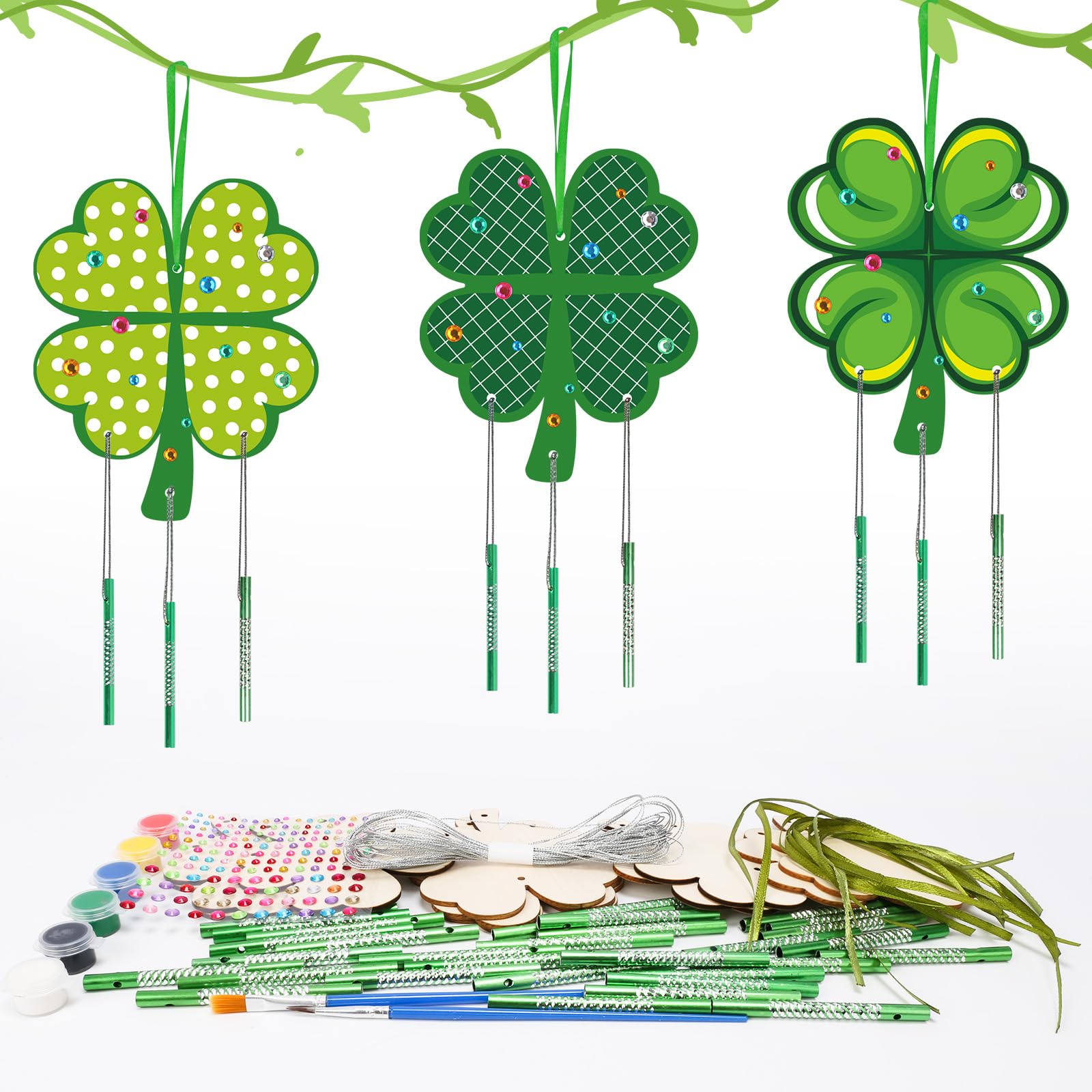 MEZOOM DIY St. Patrick's Day Wind Chime Kit for Kids - 10pcs Wooden Clover Craft - Green - Small