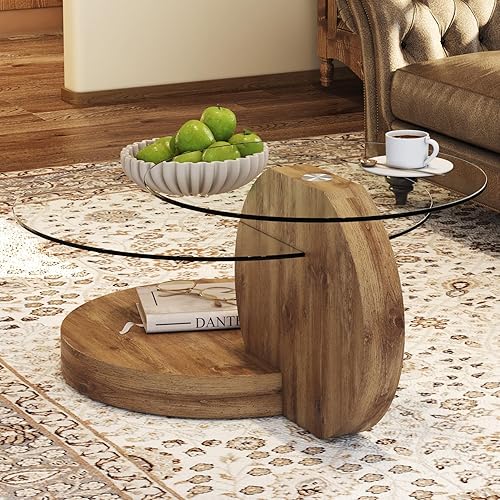 Miniatura 8 de Mesa de café de vidrio de 42 pulgadas, modernas mesas de café redondas de vidrio templado para sala de estar, mesa de centro de 3 niveles de madera
