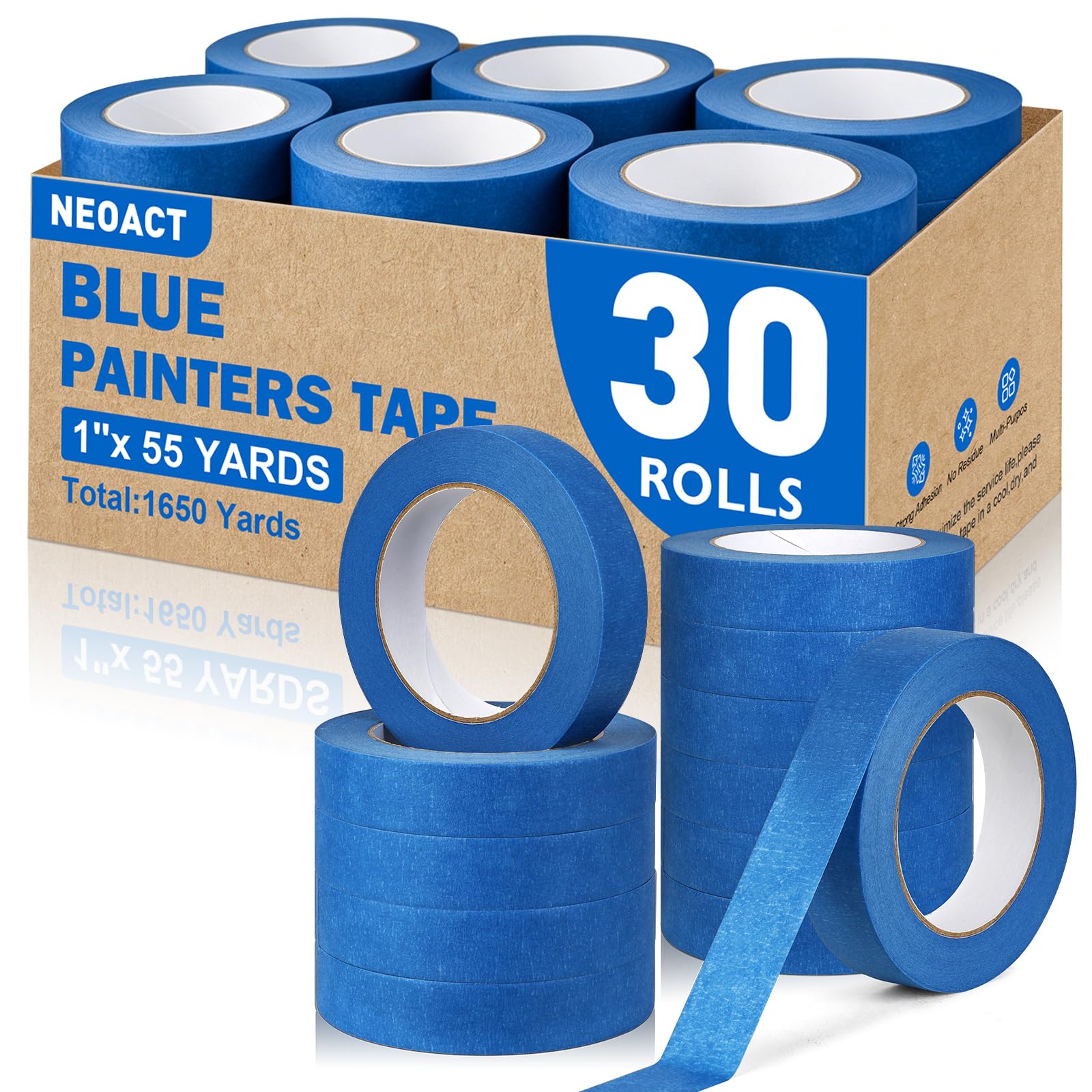 NEOACT Lot de 30 rouleaux de ruban de masquage multi-surfaces avec lignes pointues, peinture sans résidus pour intérieur et extérieur, automobile, maison, mur - Bleu - 2,5 cm de large