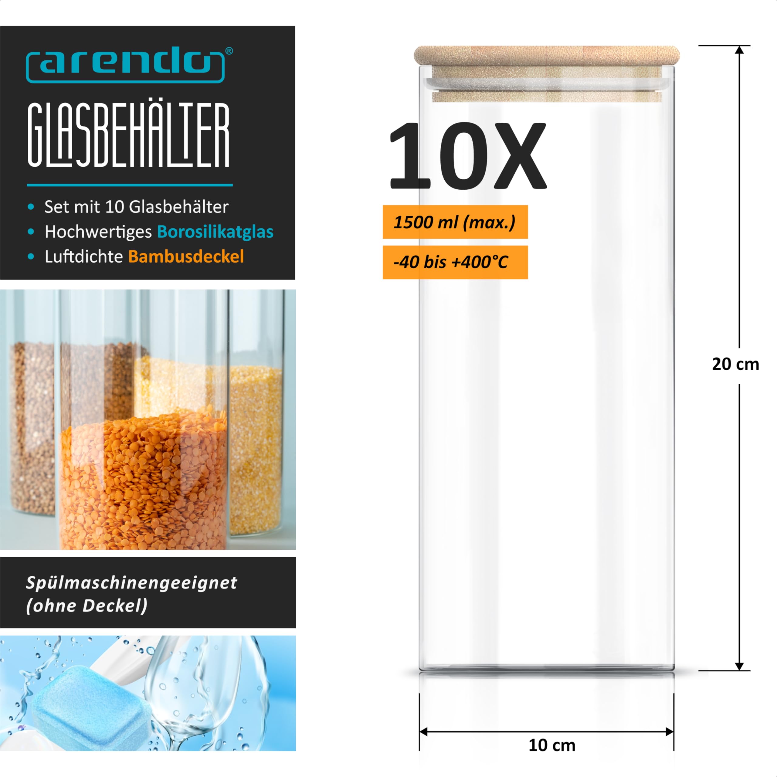 Arendo - Vorratsgläser mit Deckel - 10er Set - Behälter aus Glas – hitzebeständig – Vorratsdosen mit Bambusdeckel - luftdicht - für Müsli Zucker Mehl Kaffee Reis