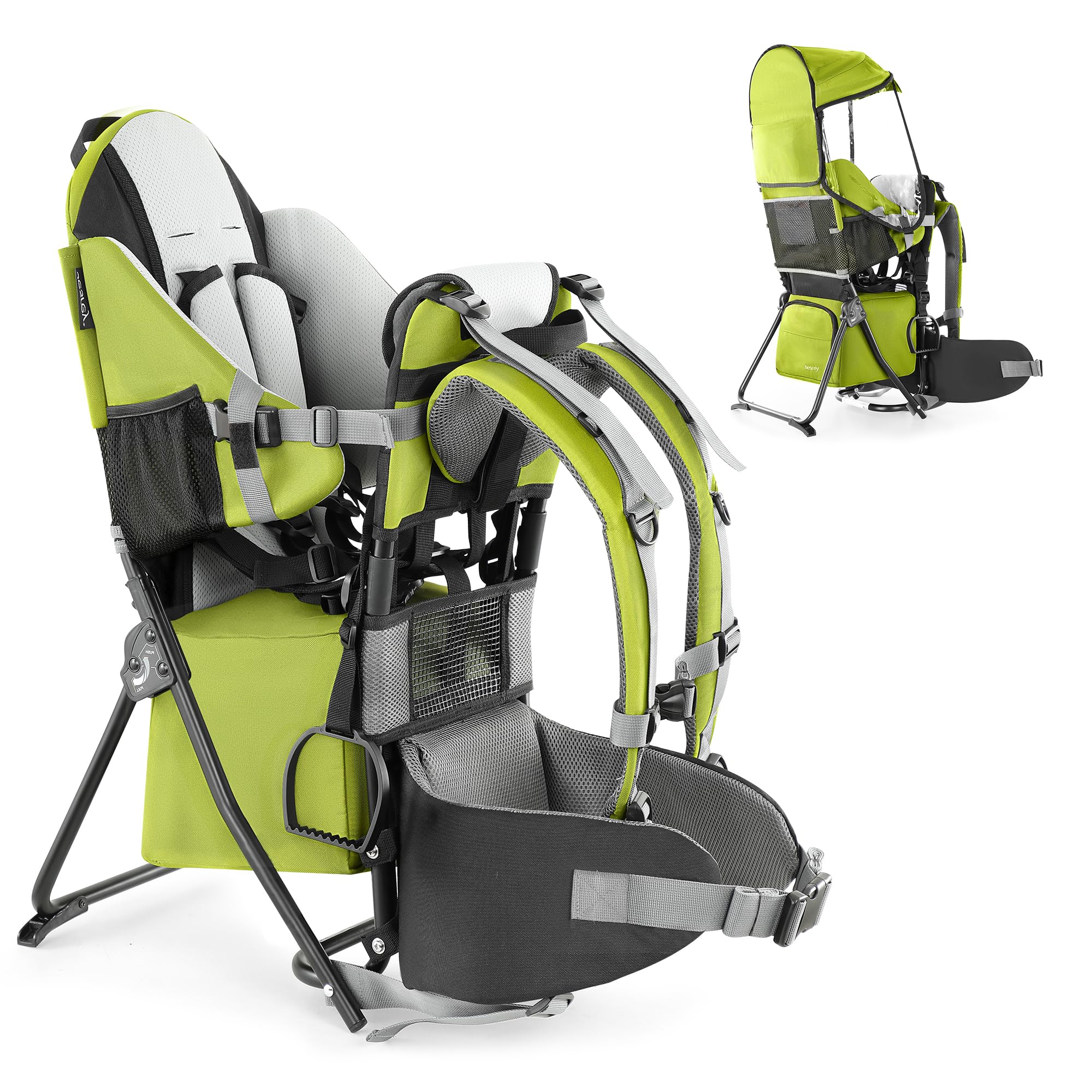 besrey Kraxe Kindertrage mit Aufbewahrungstasche, tragbare Kinderrückentrage für Reise, Kinderkraxe wandern für 6-36 Monate, Tragesitz bis 18 kg, zusammenklappbare (Hellgrün)