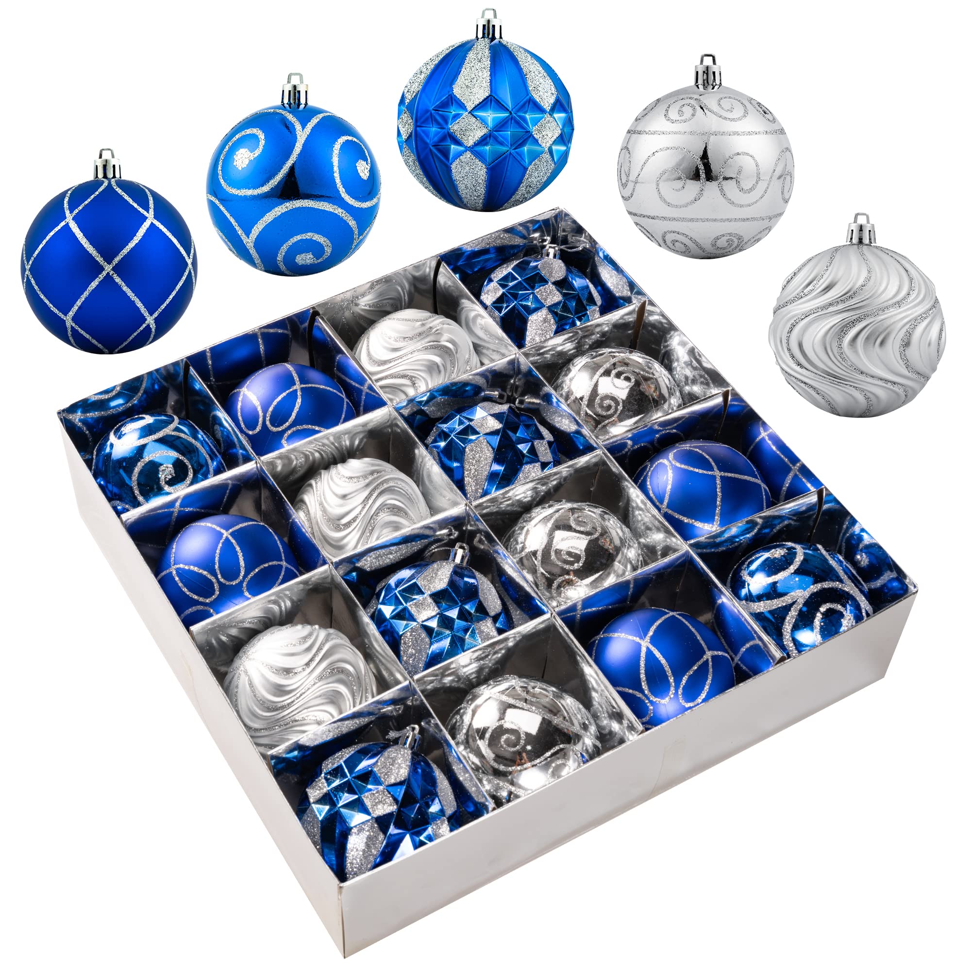 Christmas Ornaments - 16 Pcs Christmas Ball Ornaments Set, Assorted Shatterproof Christmas Glittering Ornaments for Christmas Tree, Christmas Tree Decoration for Xmas Holiday (Blue & Silver)