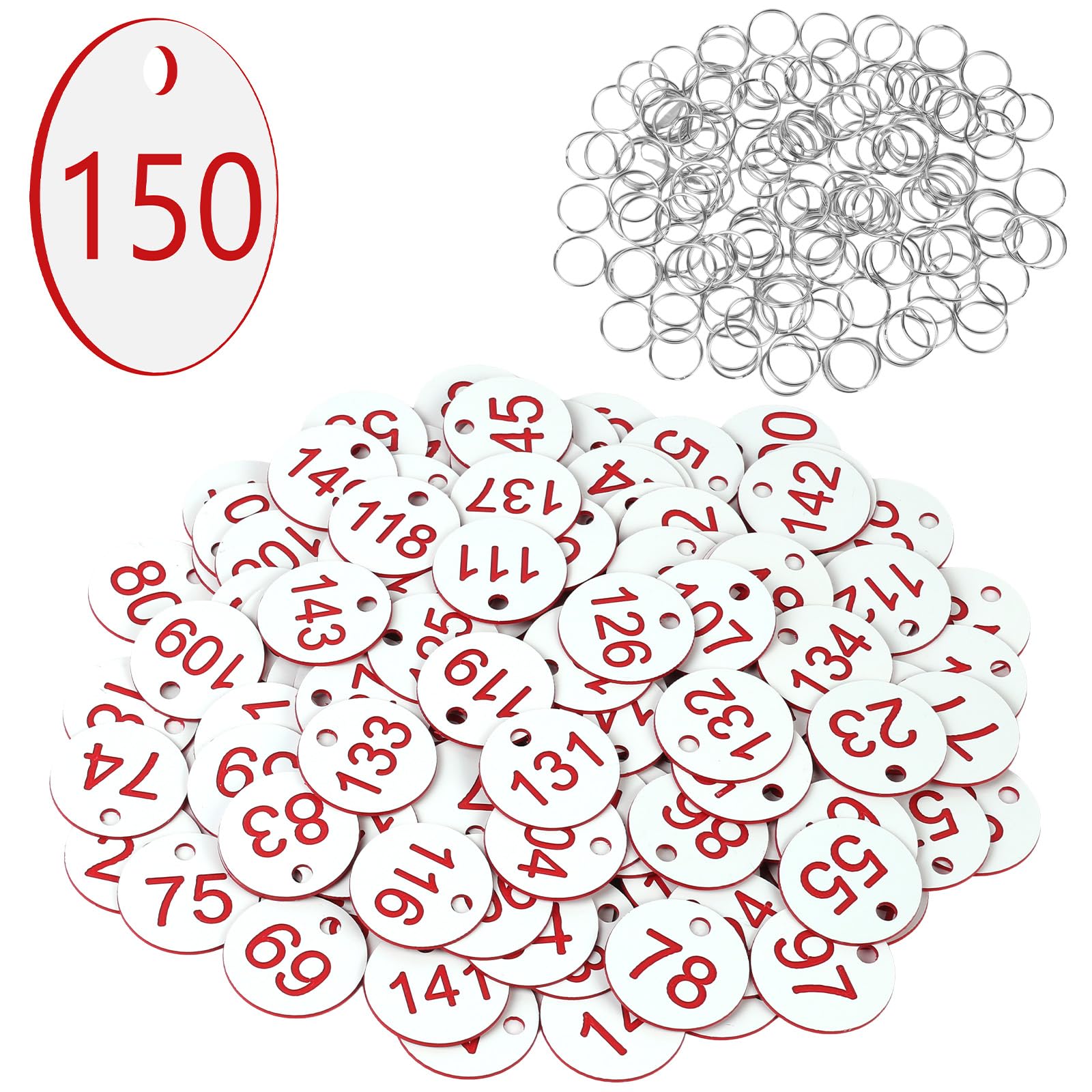 Flintronic 150PCS Plastic Number with Key Rings, Engraved Numbered Tags, Plastic ID Tag Table Numbers, Discs Number Tags for Office, Hotel, Mailbox, Dormitory (1-150 White)