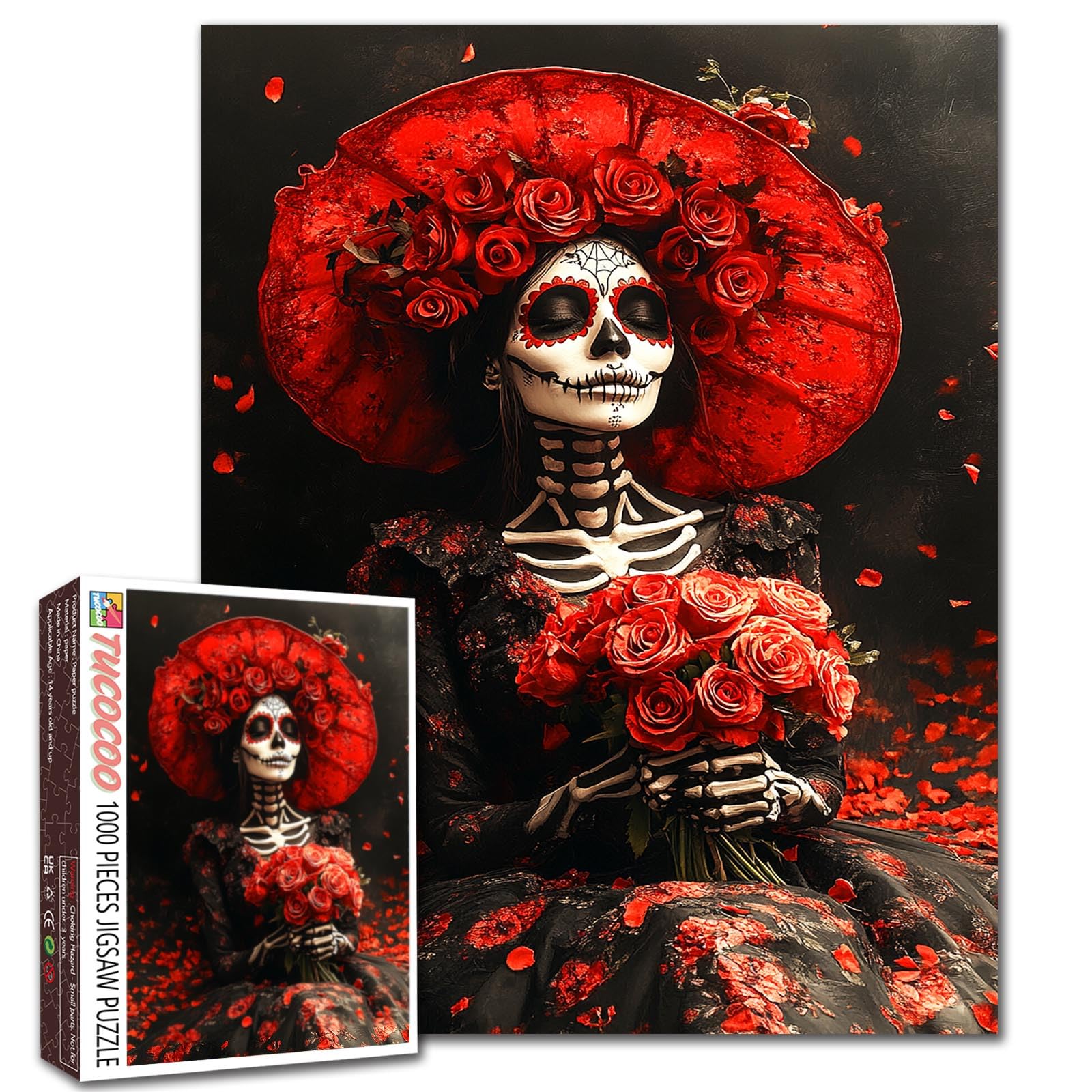 Tucocoo 1000 Pieces Day of The Dead Jigsaw Puzzle, Red Roses Skeleton Woman Flowers Art, Puzzles for Adults, Challenging Family Activity Games, DIY Craft, Home Wall Decor Gifts โ image 1