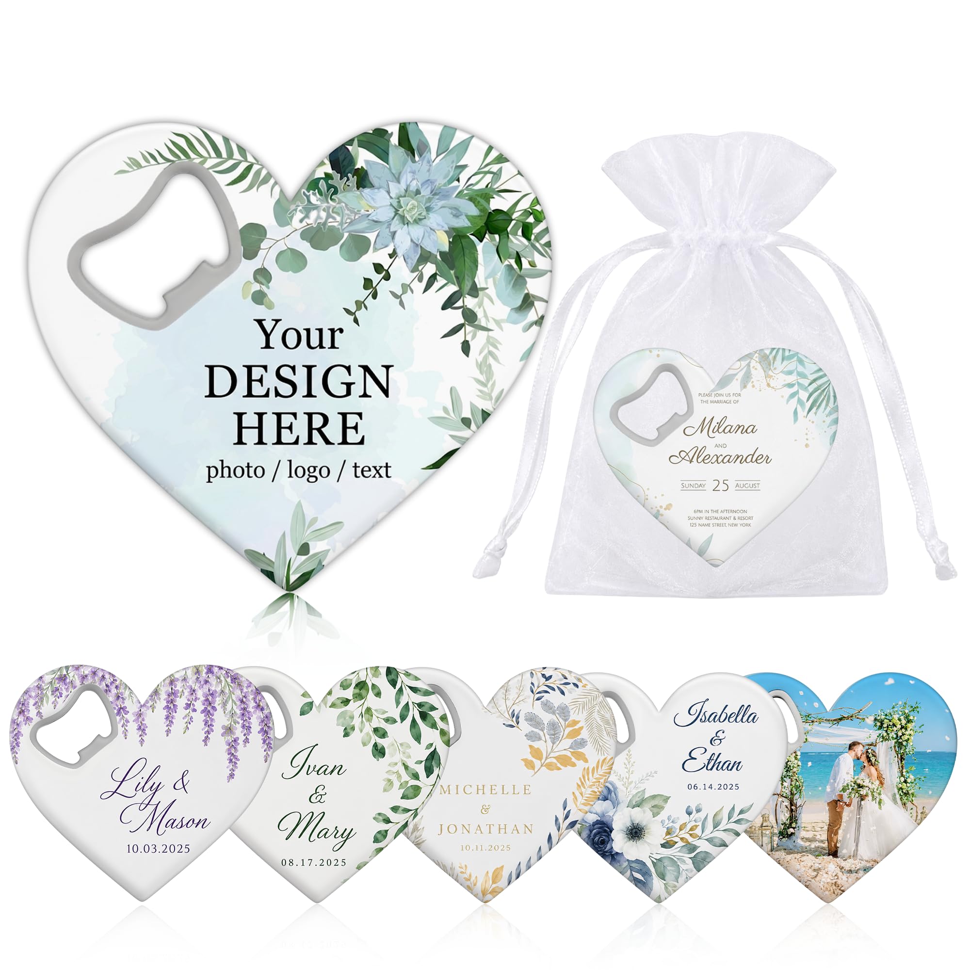 Custom Magnetic Bottle Openers Wedding Party Favors,Pack 5-100 Bulk 2 in 1 Personalized Heart Shape Bottle Opener with Magnet,Bridal Shower Favors for Guests,Baptism,Baby Shower & Engagement