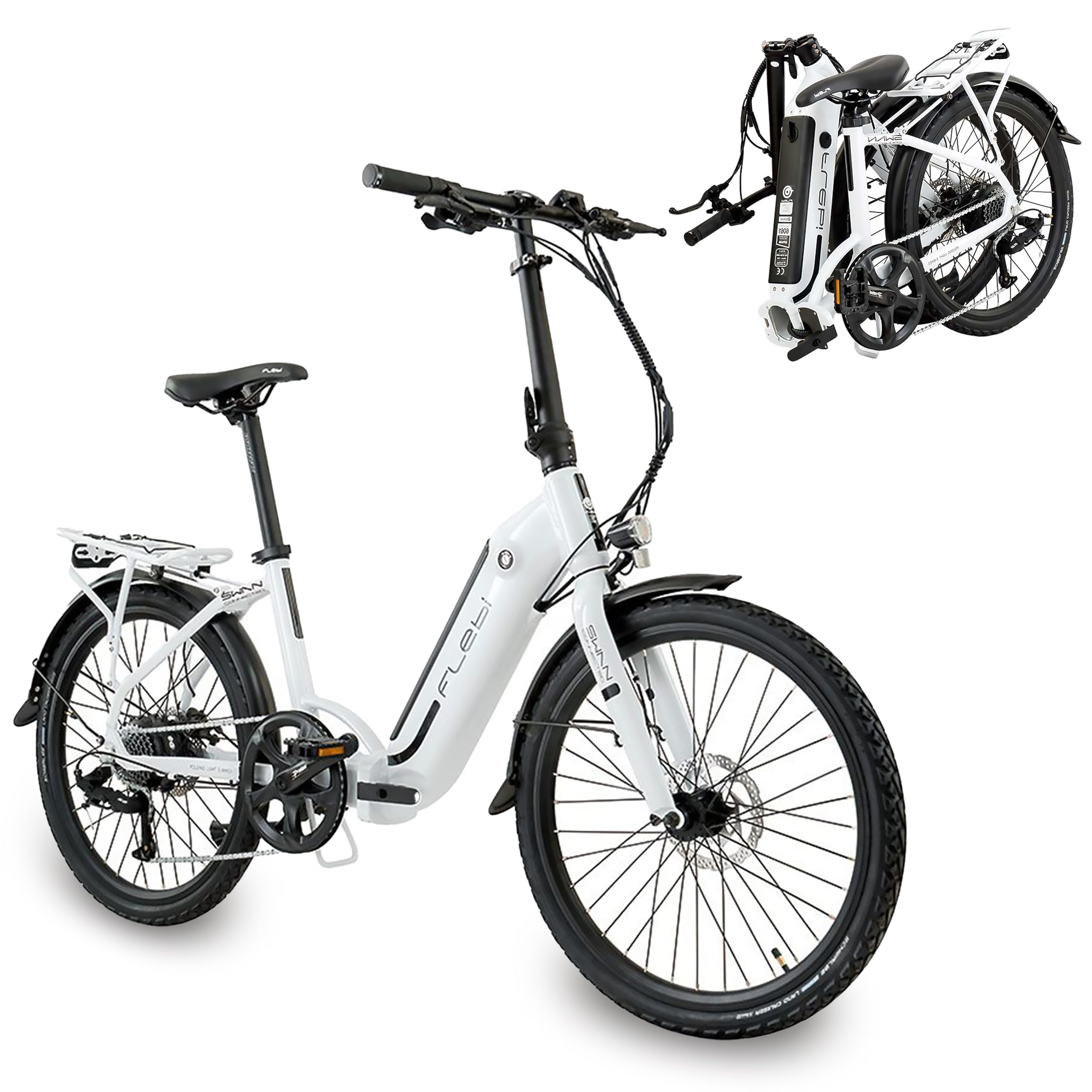 Flebi Swan Bicicleta Eléctrica Plegable 24" |Autonomía 70 km |Batería Extraíble 10.4Ah/374Wh |7 Velocidades |E-Bike Urbana Unisex Compacta Ligera Mujer y Hombre