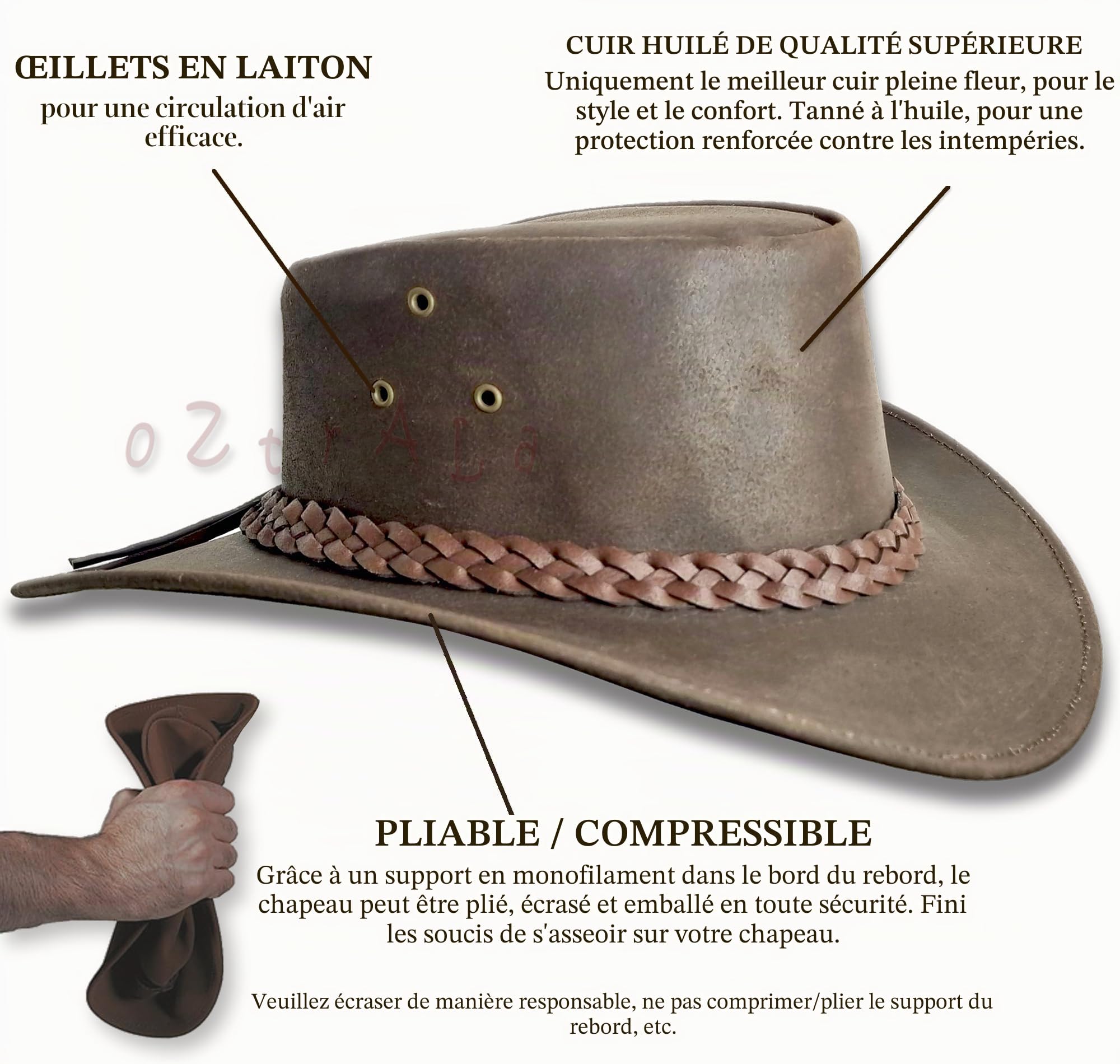 Oztrala Chapeau en cuir huilé australien Outback Aussie Western Cowboy pour homme femme enfant noir marron WO HL11 US