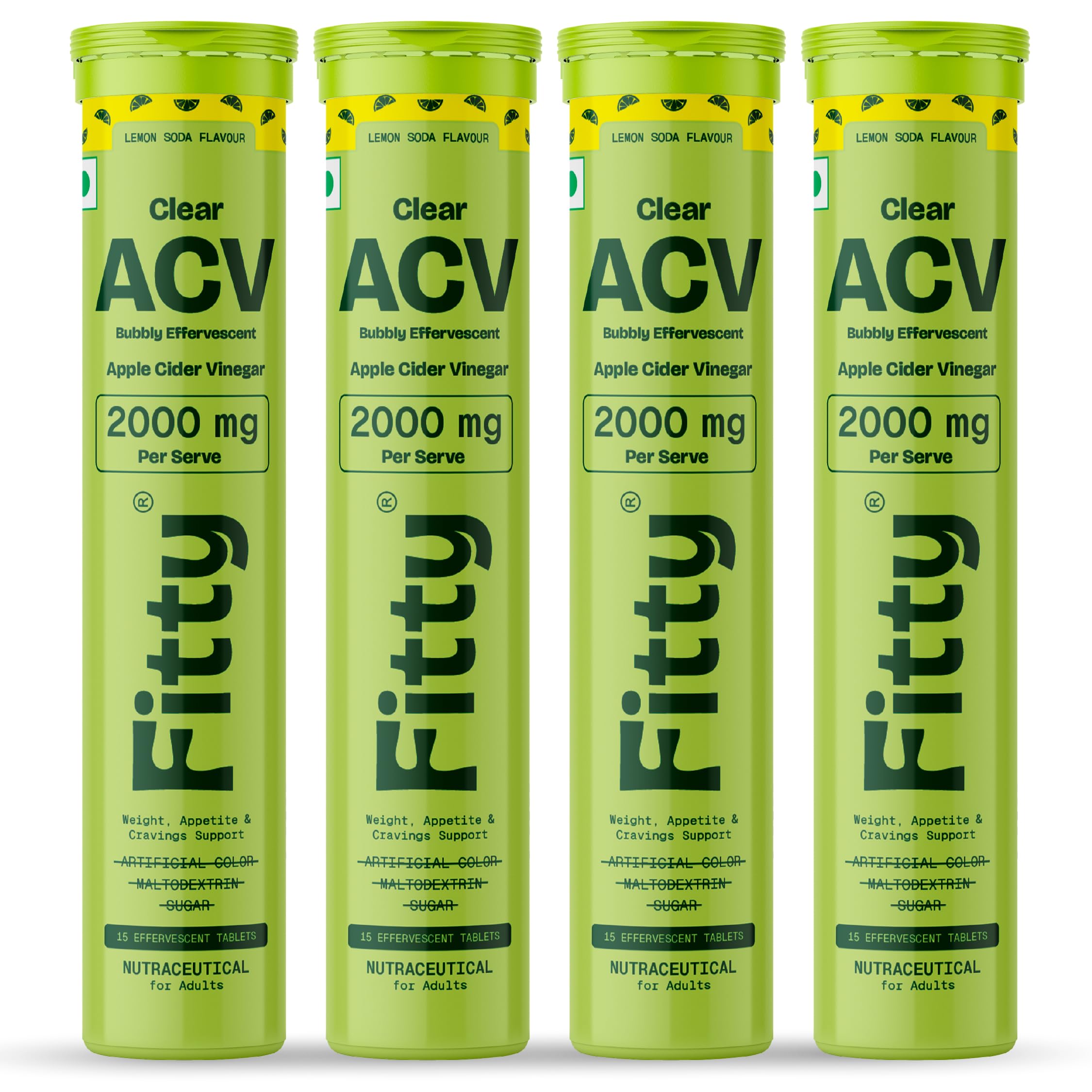 Fitty Clear ACV 2000mg Effervescent Tablets | Apple Cider Vinegar 10% Acetic Acid | Lemon Soda Flavour | Sugar Free | 15 Tablets Each (Pack of 4)