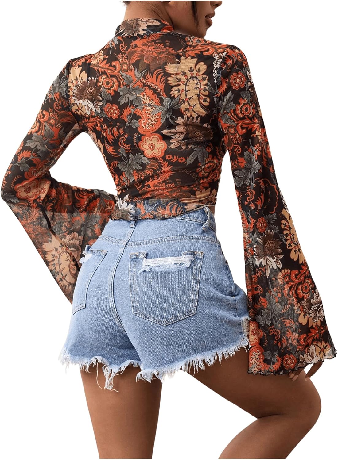 GORGLITTER Women's Floral Bell Sleeve Boho Crop Tops 70s Mesh Vinatge Western Country Concert Blouse - Image 2