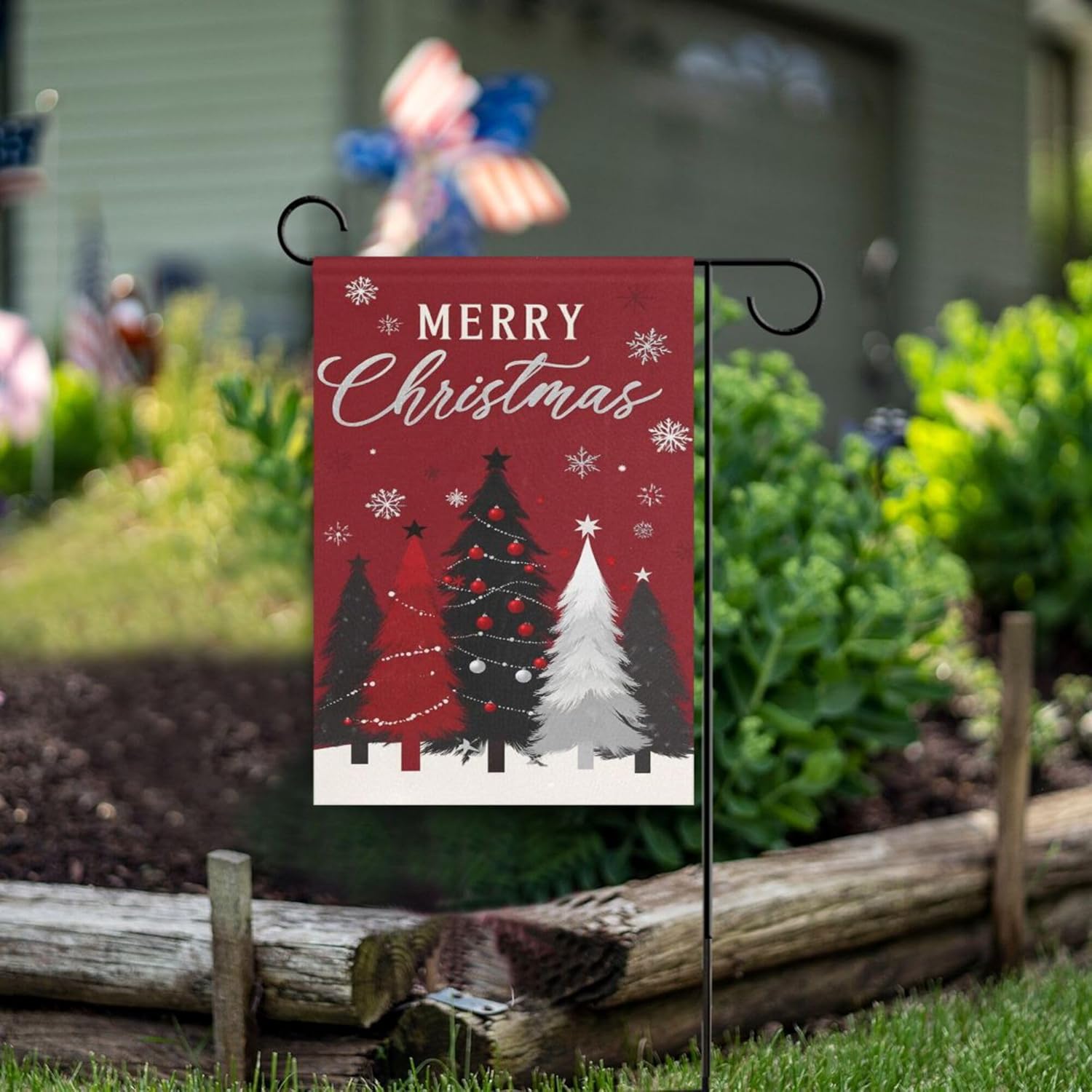Merry Christmas Tree Red House Flag 28x40 Inch Double Sided Outside Winter Silver Snowflake Xmas Bells Seasonal Yard Outdoor Flag Banner for Garden Lawn Patio Holiday Decorations - Image 6
