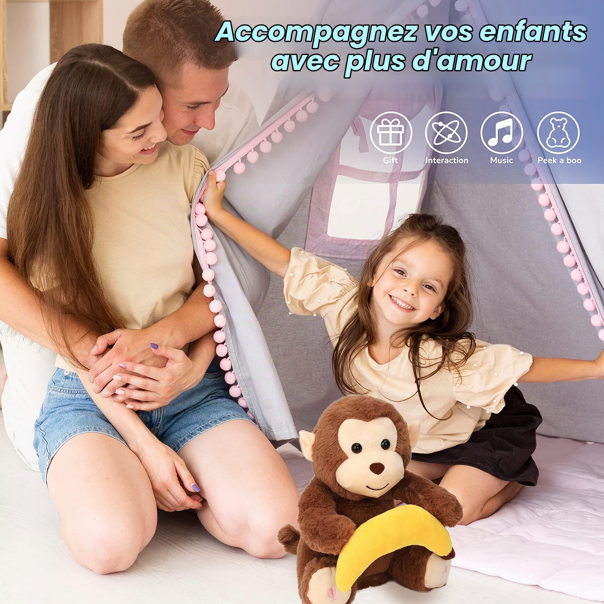 Hopearl Peek Jouet en Peluche interactif à partir de 3 Ans Un Singe Boo avec Banane répète ce Que Vous Dites Jouet en Peluche Musical Chantant Adorable électrique Animate Festival d'anniversaire