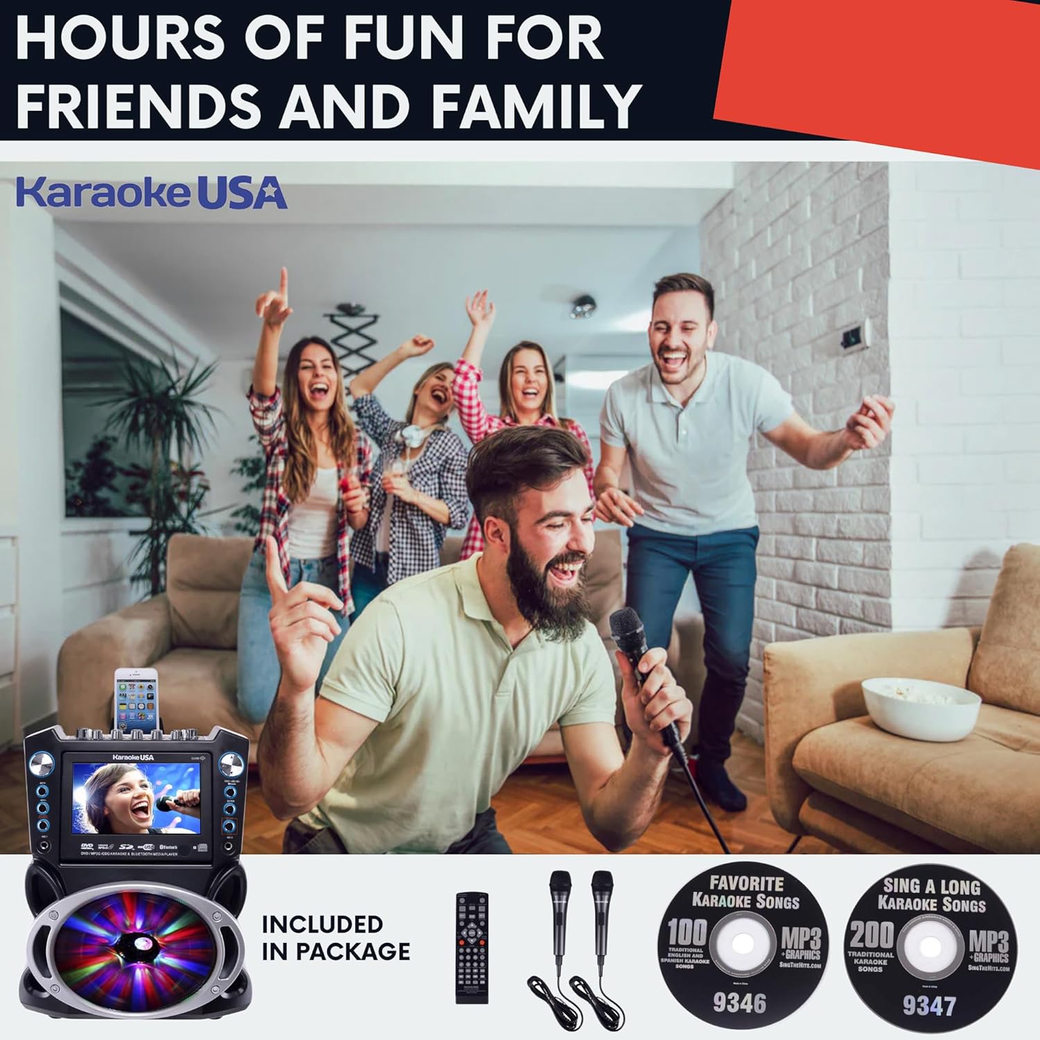 Karaoke Machine with Lyrics Display 7" Screen. CD+G, DVD, MP3+G, MP3, CD & USB. Wireless Bluetooth Speaker with LED Disco Lights. Includes 2 Wired Microphones and 2 Bonus Karaoke Discs By Karaoke USA