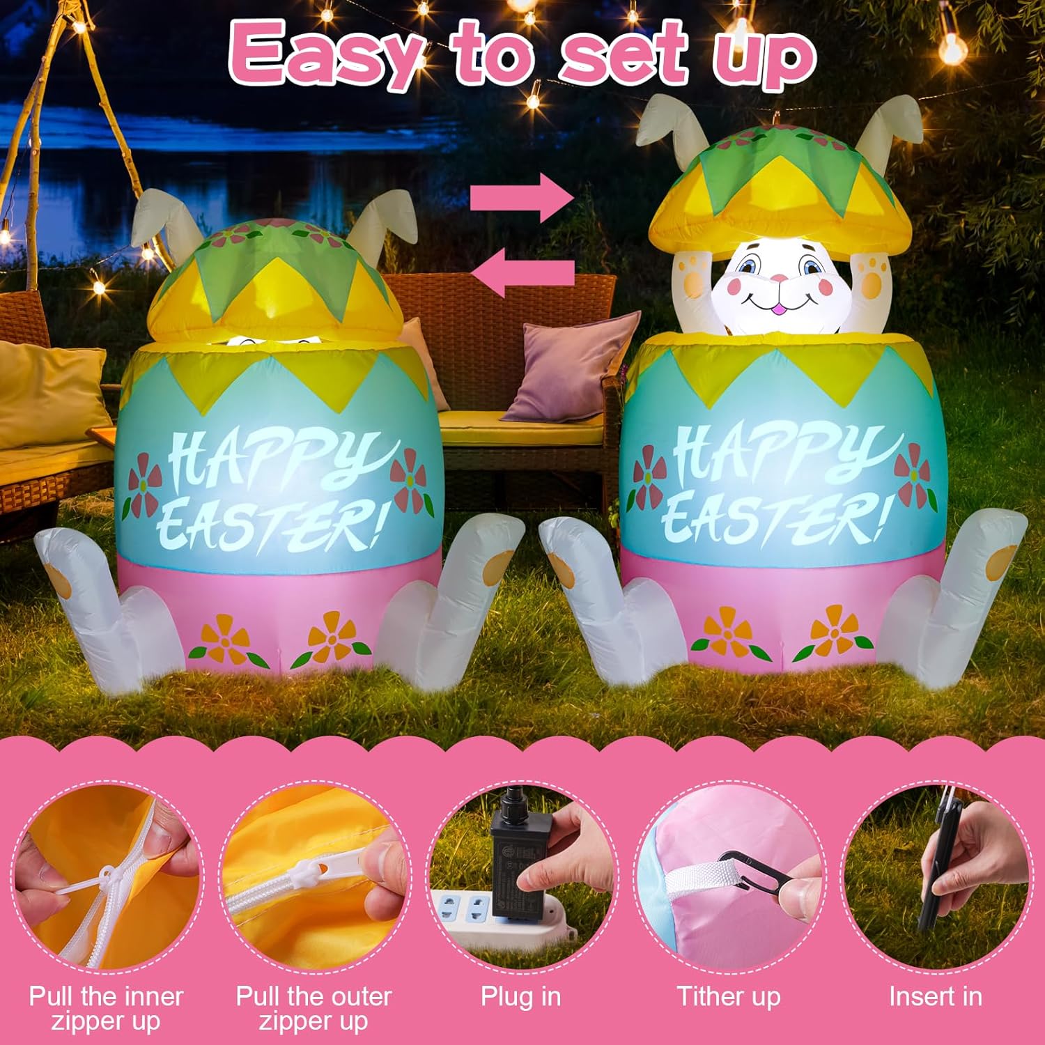 WINTS [Pop Up and Down] Easter Bunny Inflatables Outdoor Decoration,5Ft Colorful Inflate Bunny in Easter Egg,Blow Up Rabbit Decoration Built-in LED Lights for Yard Party Lawn Spring