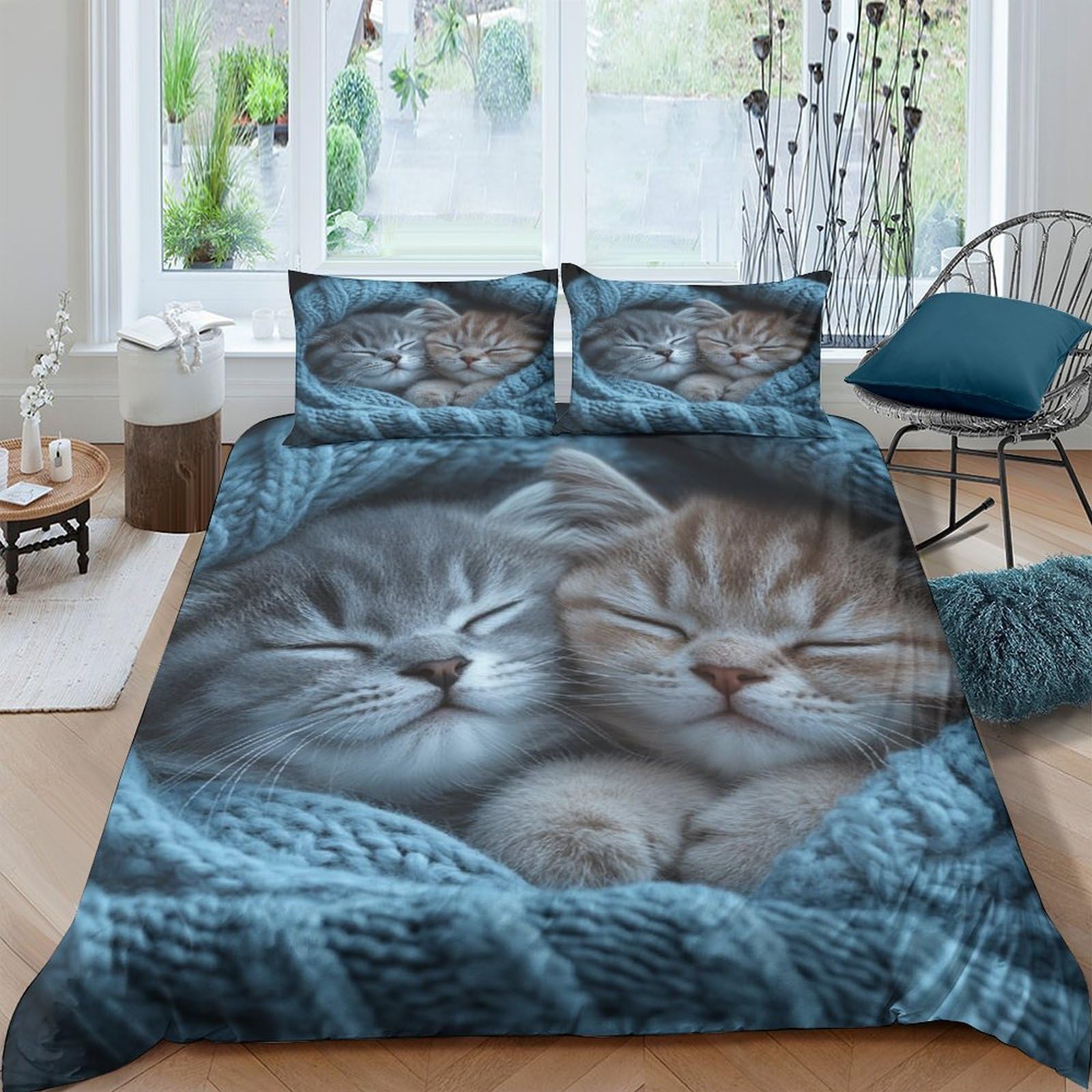 Ctjqhvkz Style-8 3D Printed Sleeping Kittens Fitted Sheet Microfiber Soft Blue Blanket Cat Bed Cover For Bedroom Dorm Home Decor Single（135X200cm）
