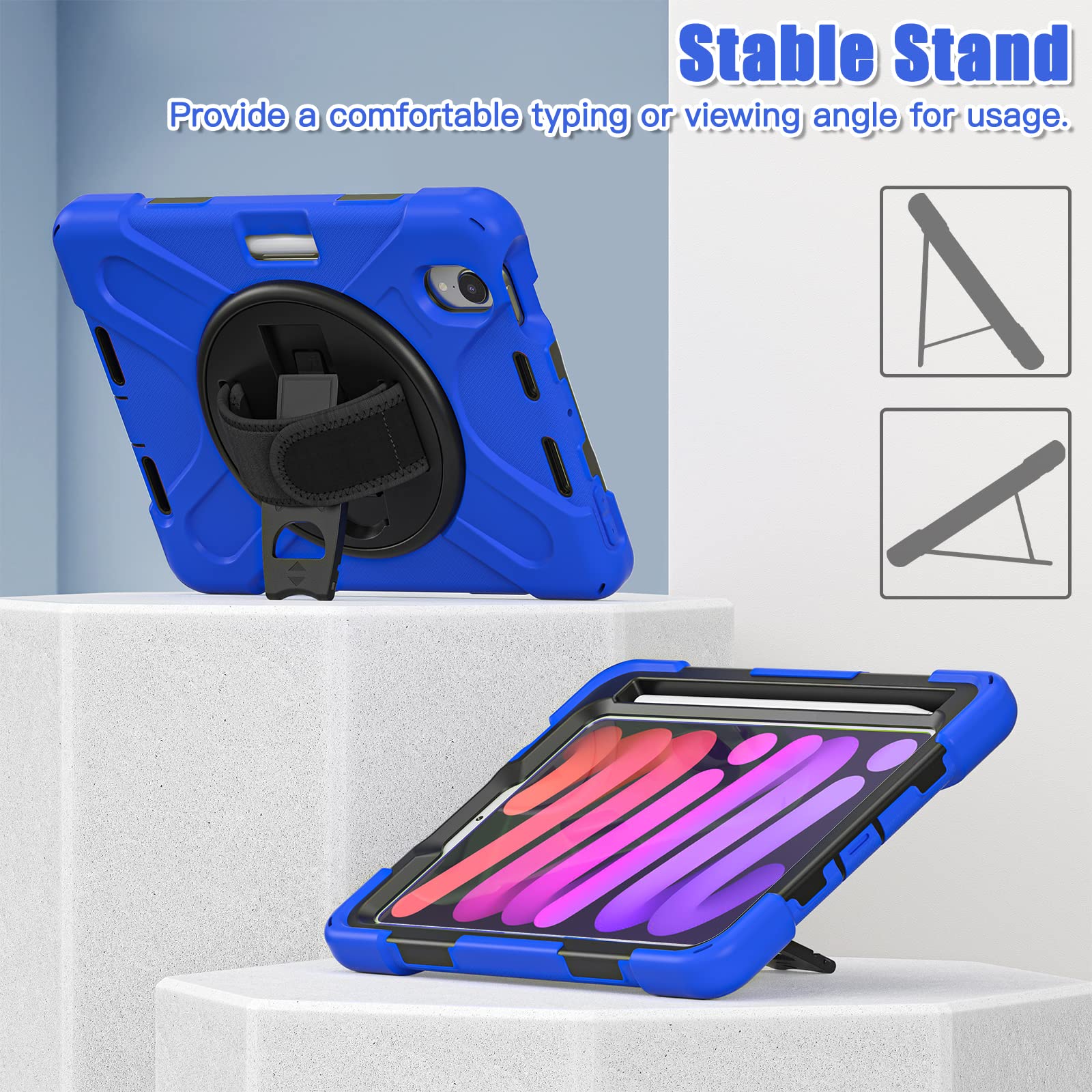 Bsping Custodia Antiurto Per IPad Mini 6 2021, Con Supporto Girevole 360° E Tracolla - Nera - 5