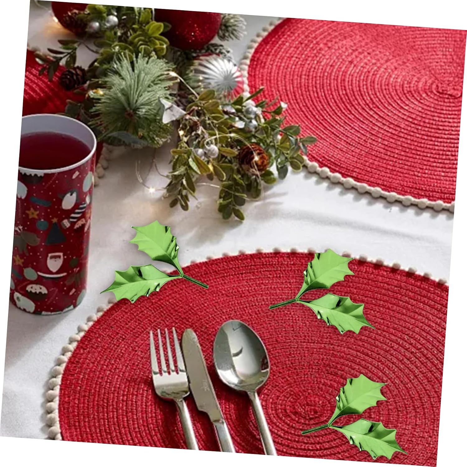 HEMOTON Artificial Christmas Greenery 50pcs Holly Leaf Ornaments for DIY Xmas Wreath Christmas Party Supplies