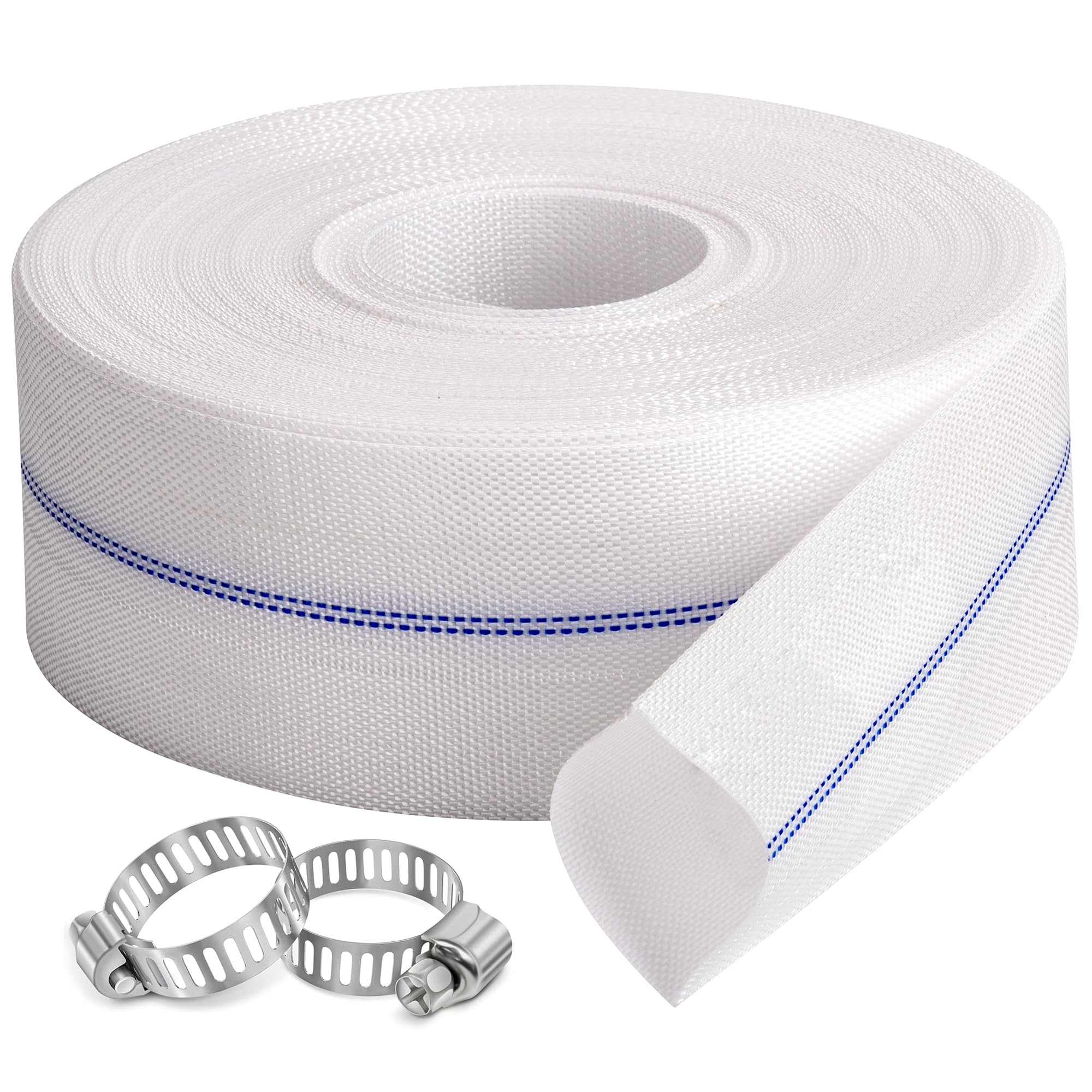 Manguera de retrolavado de piscina de 2-1/2 pulgadas × 100 pies, manguera de descarga reforzada de fibra de uso general, flexible, ligera, tubo de drenaje plano para transferencia de agua