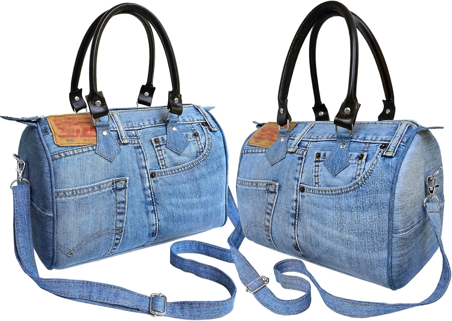 Upcycled Denim Bowler Handbag for Women, Top Handle Jean Purse with Genuine Leather, Crossbody Everyday Bag (BL-070)