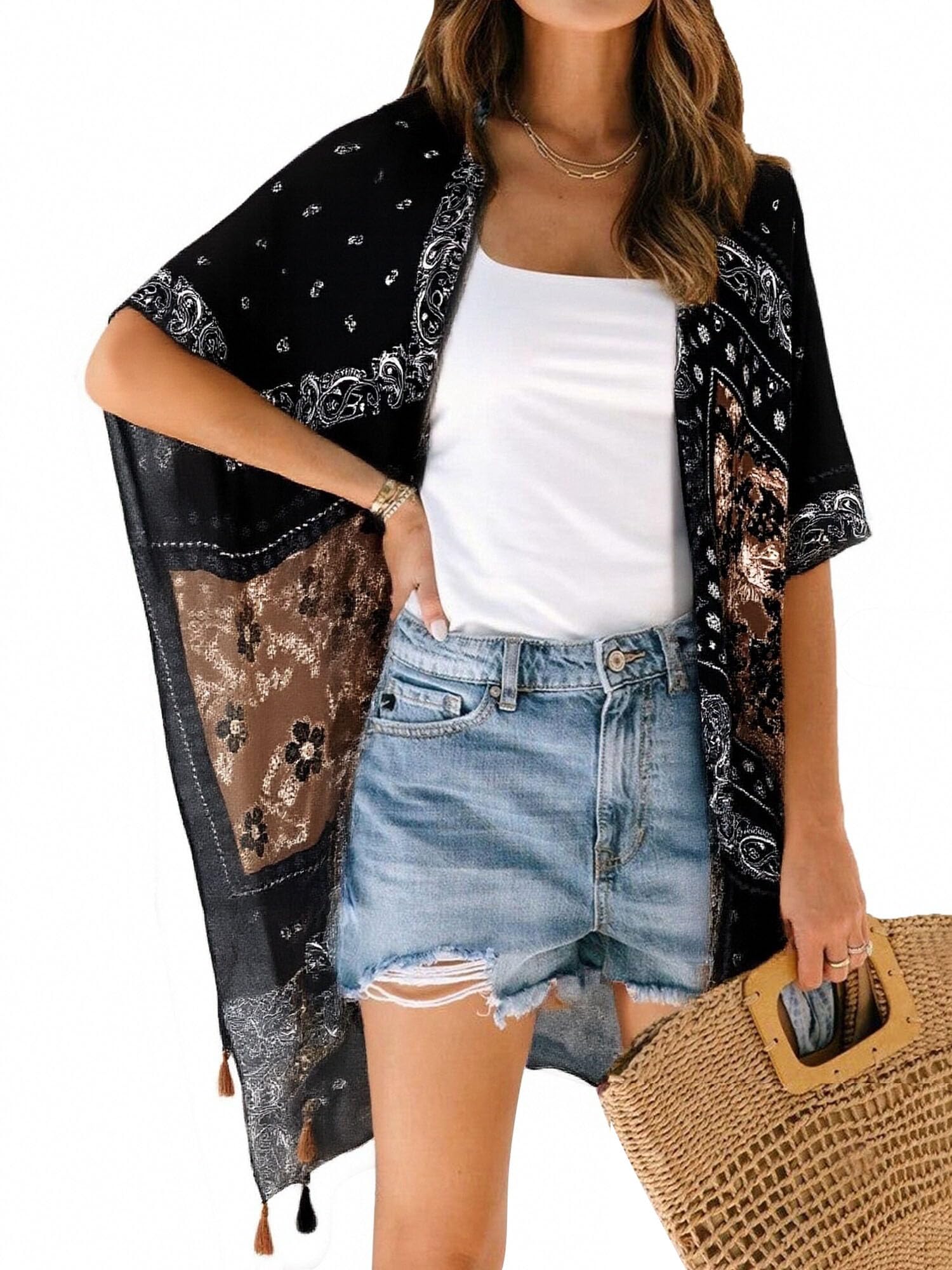 Swimsuit Cover ups for Women with Tassel Open-Front Kimono Cardigan with Vintage Floral Print Beach Cover up-image-37