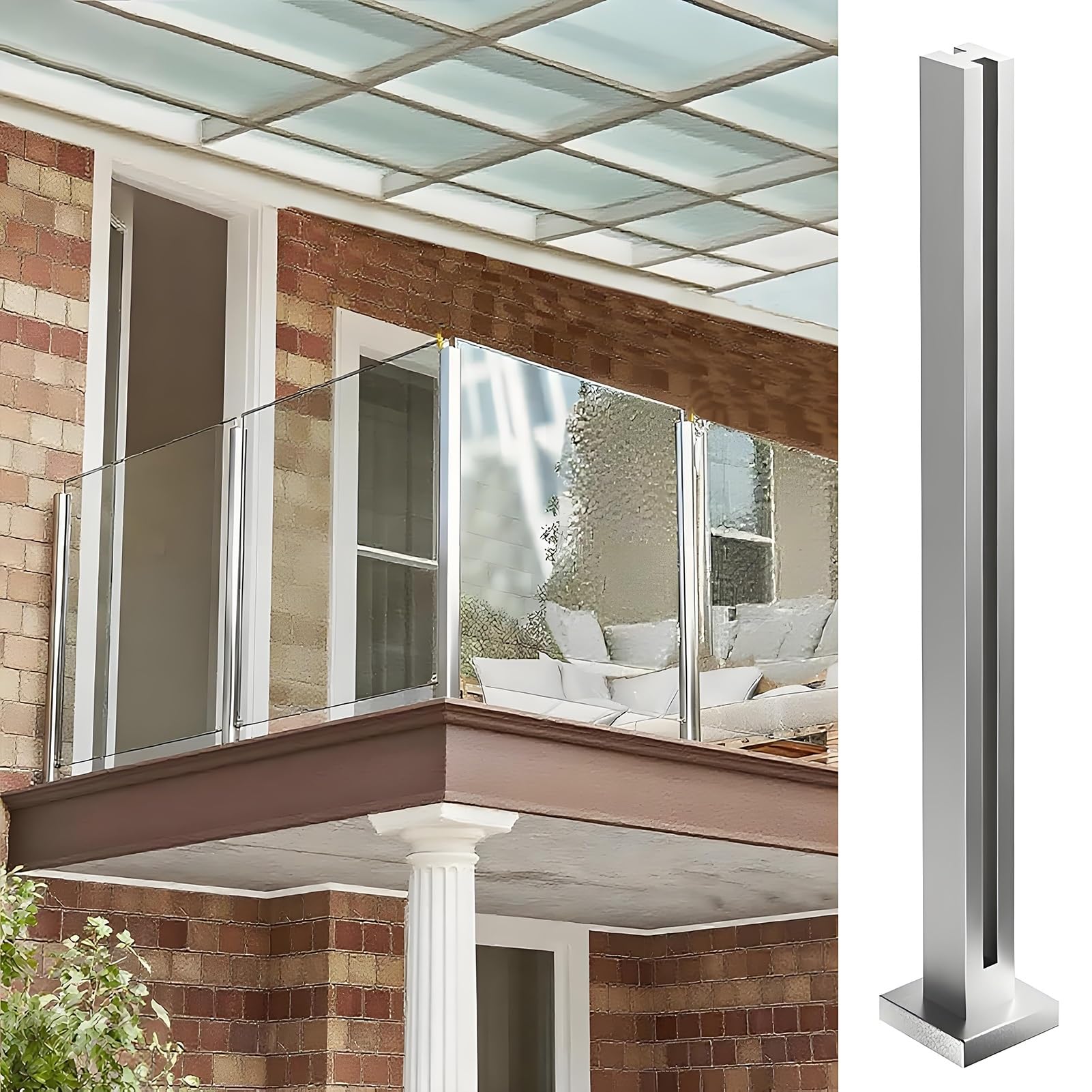 Glass Railing Post for 8-12mm Glass, 304 Stainless Steel Silver Balustrade Posts, Indoor & Outdoor Balustrade, Villas Balcony, Deck, Pool(Mid Post,51.2in/130cm)