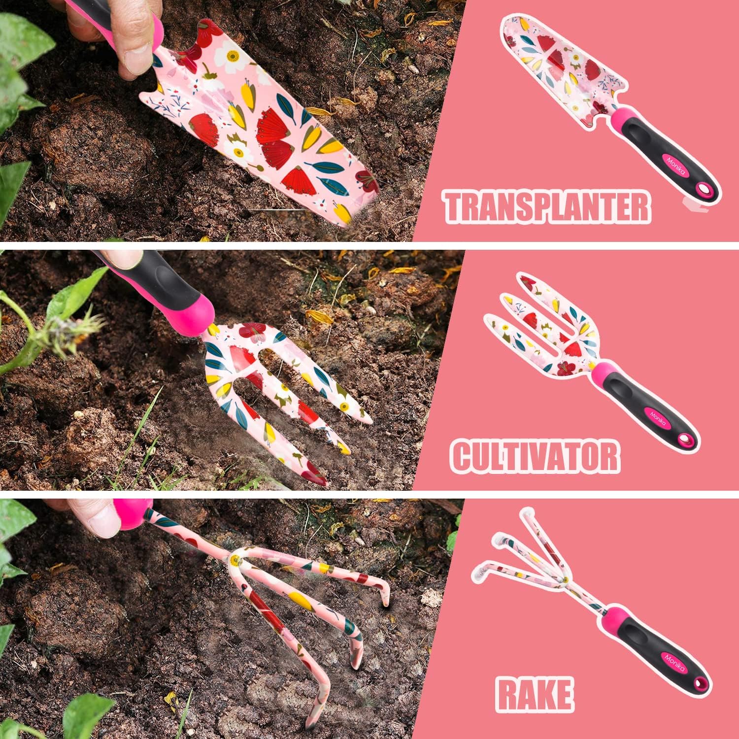 Monika 20-Piece Gardening Tool Set for Women, Heavy Duty Rust-Proof Stainless Steel with Pink Floral Carry Bag, Includes Trowel, Transplanter, Cultivator, Pruner, Ideal Gift for Garden Lovers
